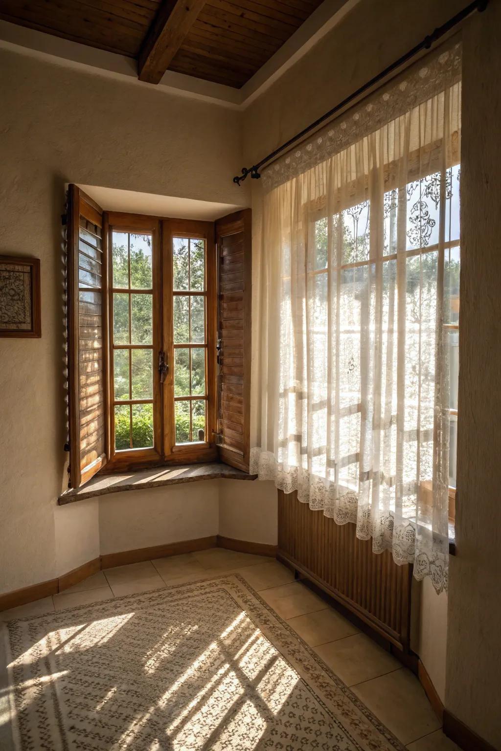 Delicate window coverings encourage the influx of natural light, cultivating a serene atmosphere.
