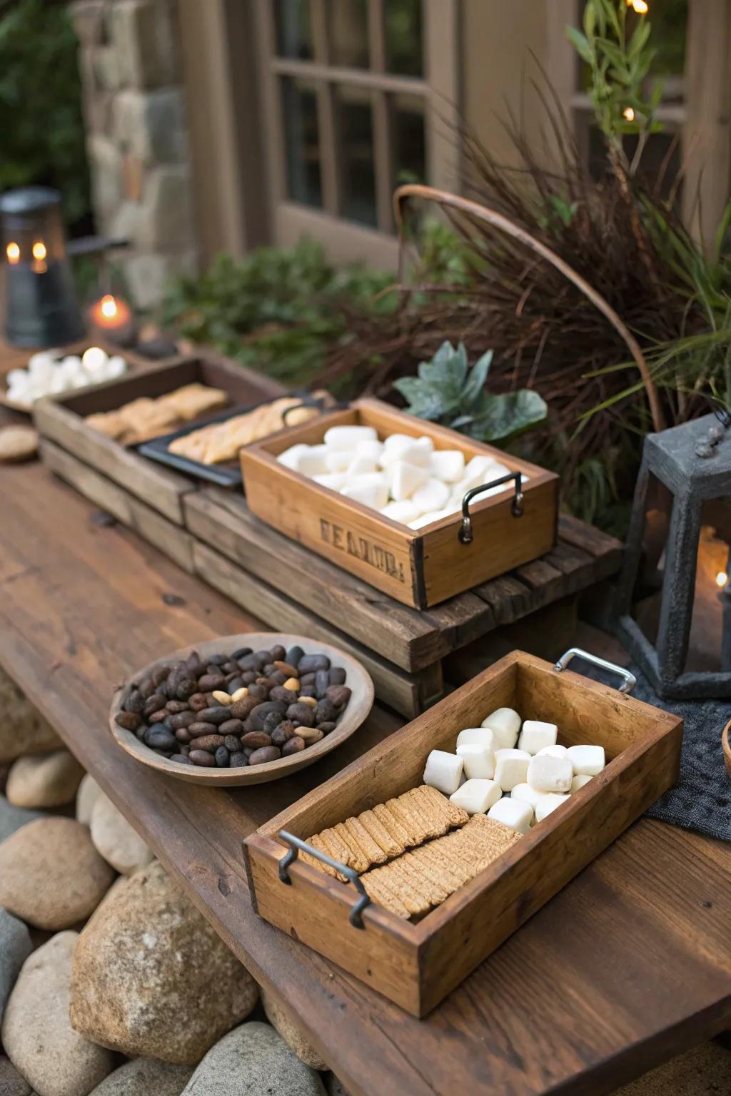 A countryside s'mores bar arrangement that perfectly suits an outdoor event.