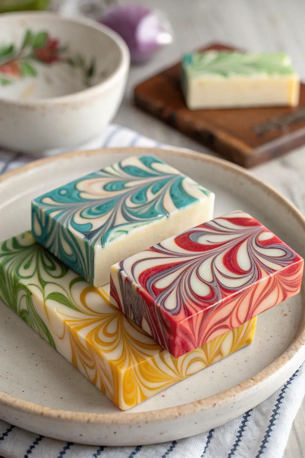 Soap pieces showcasing mesmerizing swirl designs, each an exclusive artistic statement.