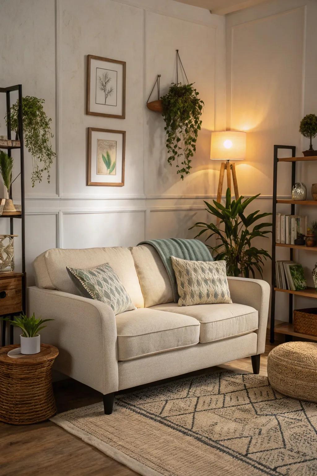 A compact loveseat adds style without overwhelming a petite living space.