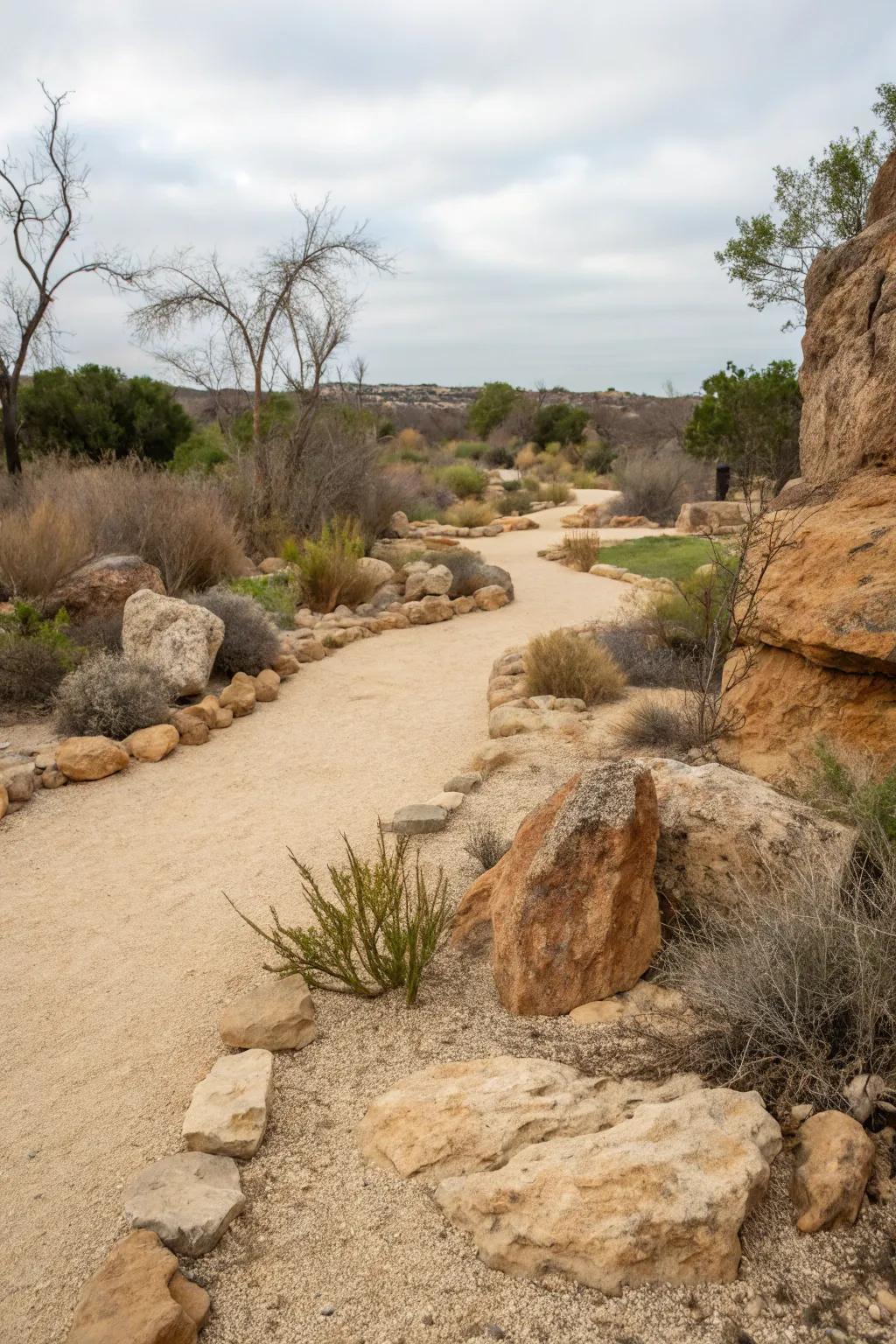 A water-wise landscape design showcasing crushed stone paths and boulder arrangements.