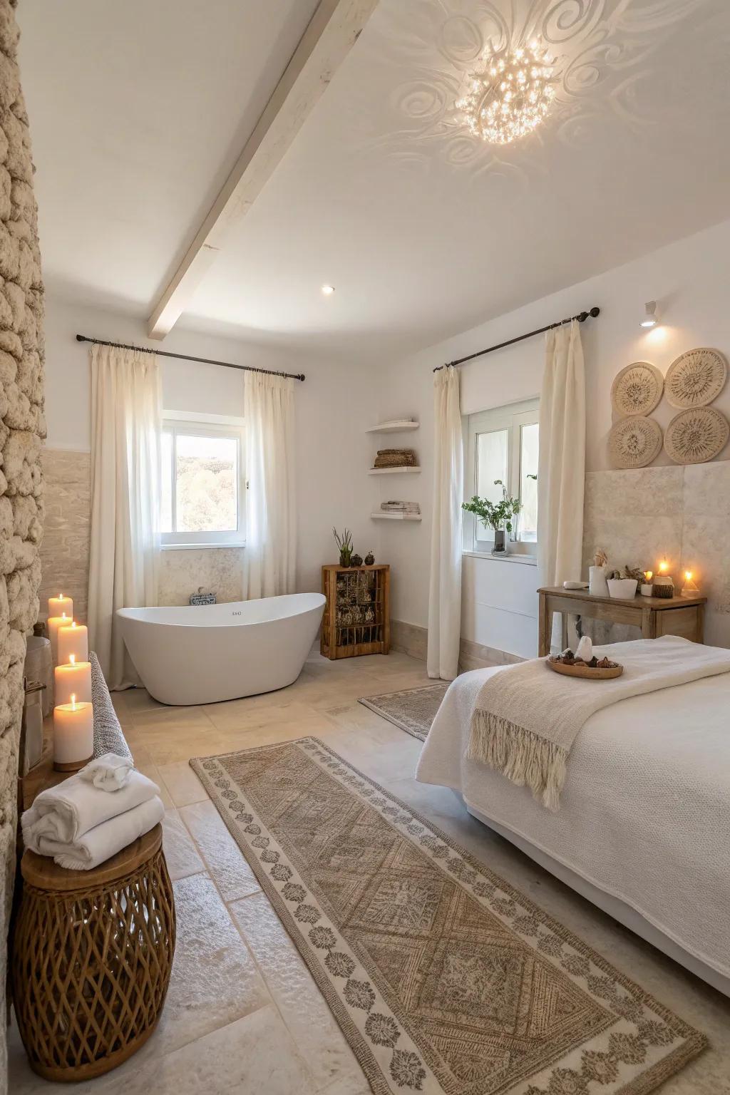 Earthy colors fashion a calm and soothing spa-inspired setting.