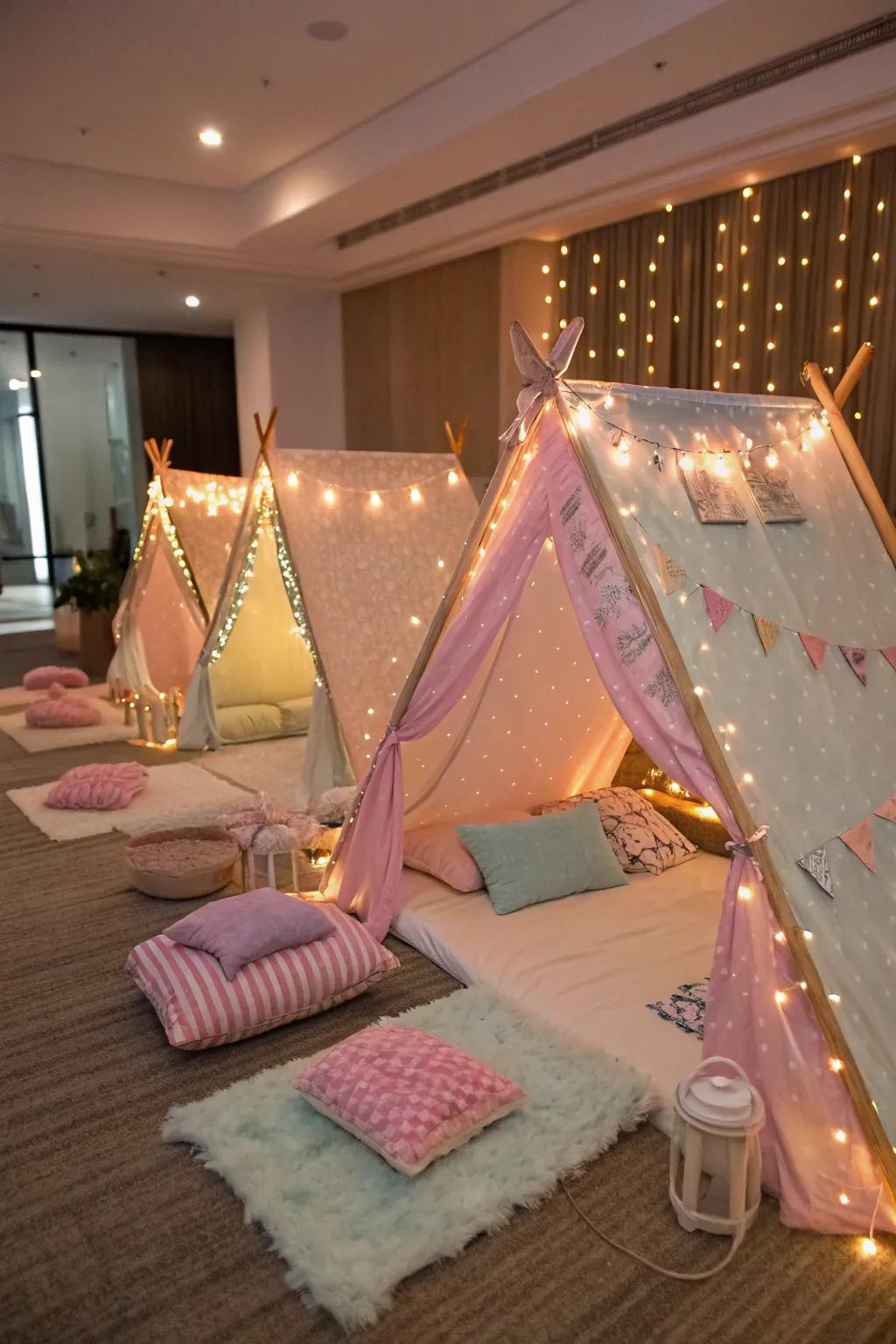 Welcoming spa tents aglow with twinkle lights for a captivating slumber party.