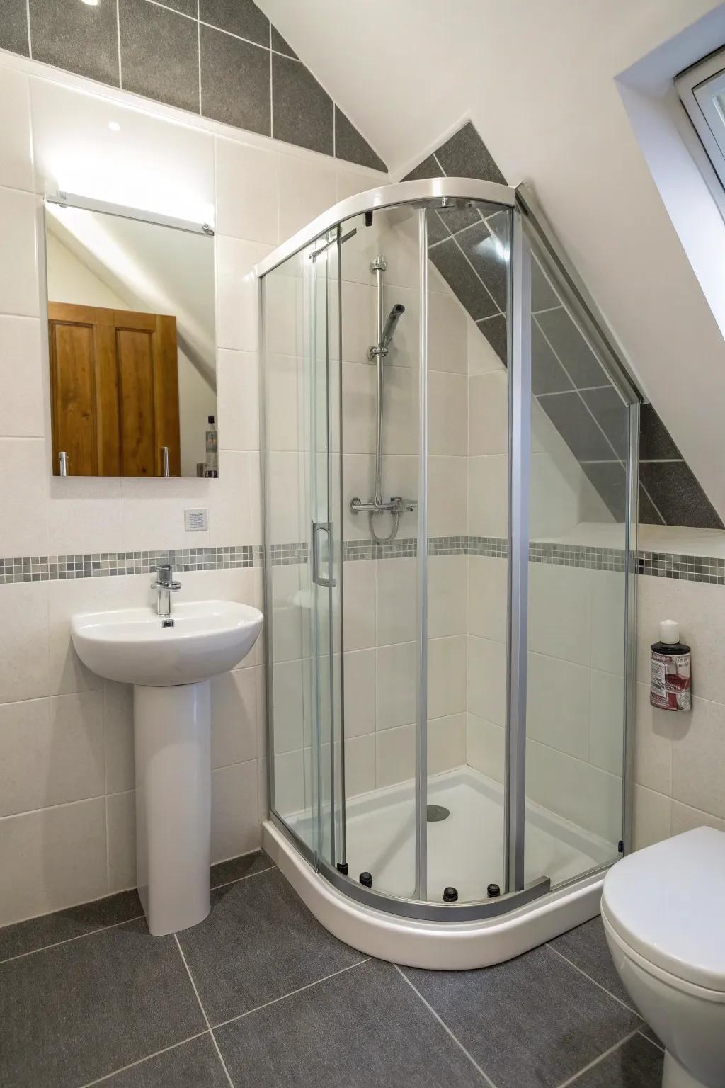 A thoughtfully designed corner shower to reclaim floor area.