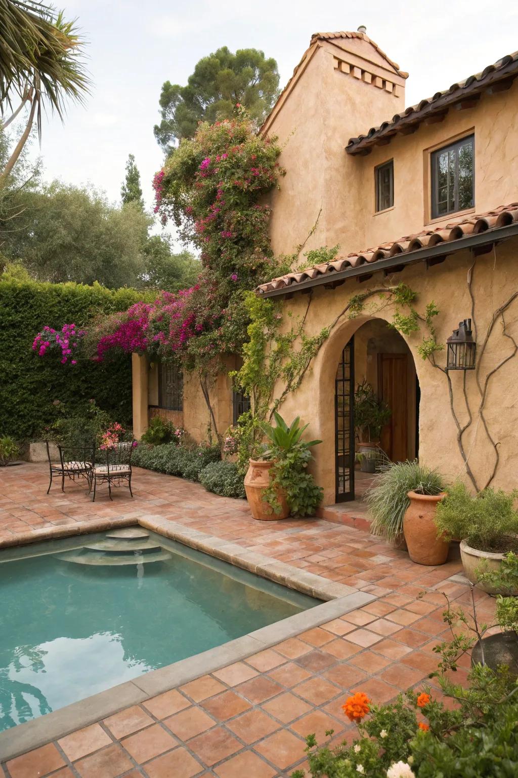 Plastered facades and baked clay paving establish the ambiance for this magnificent Spanish-inspired pool space.