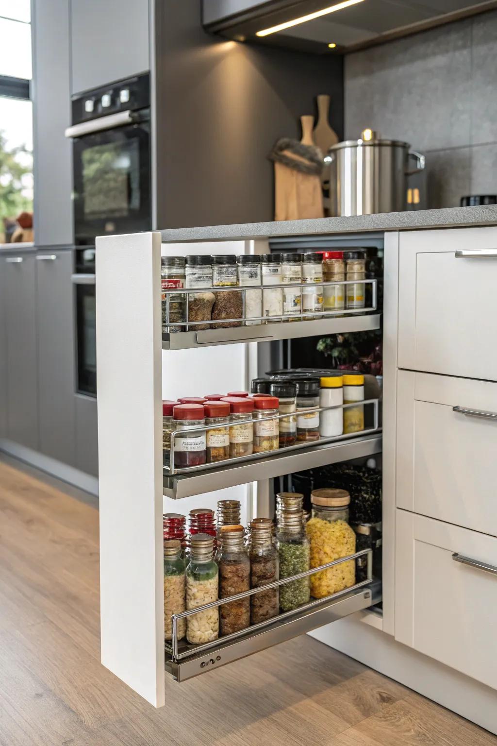 Sliding spice shelf facilitating easy access to spices within a kitchen cabinet.