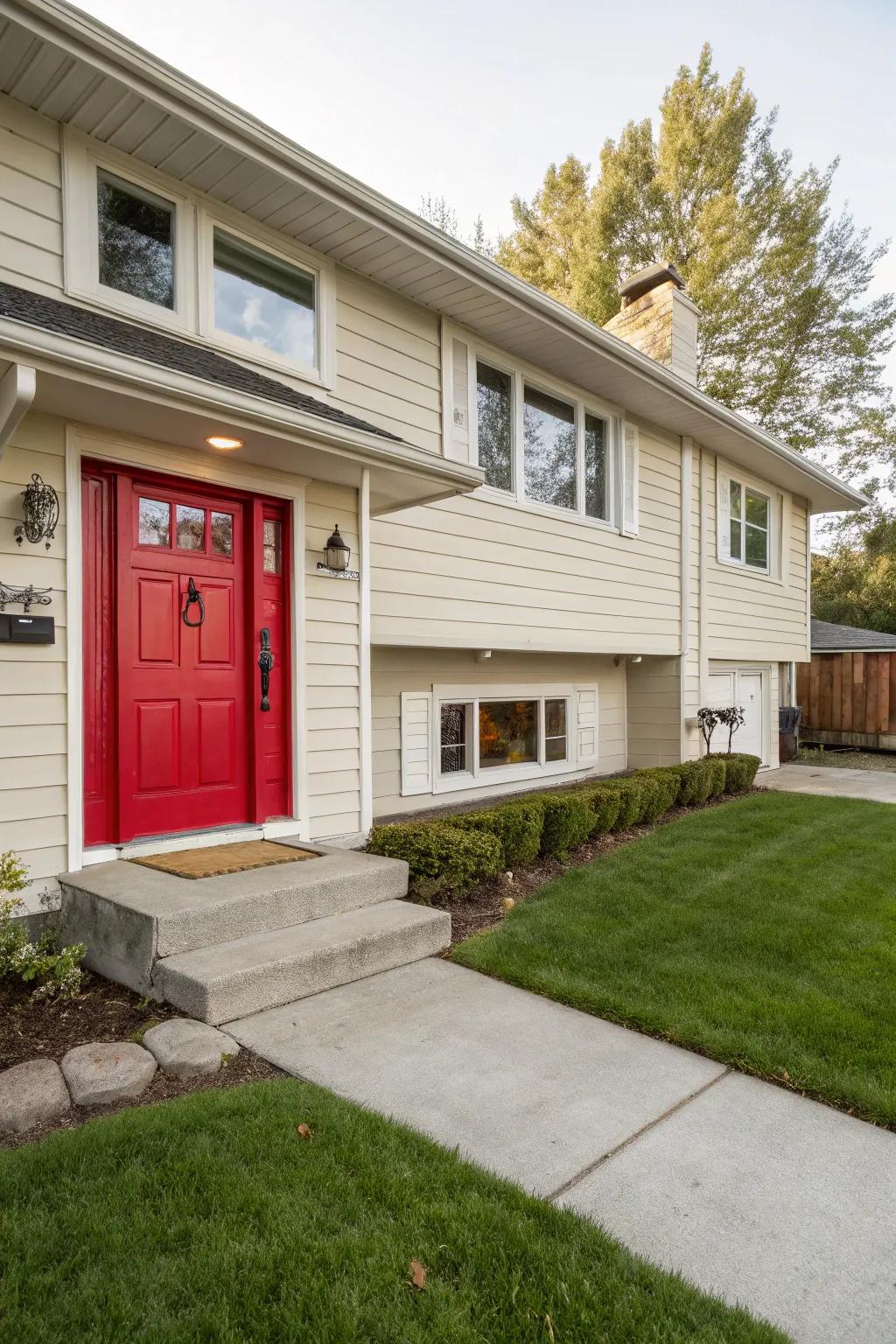 A striking crimson door becomes a captivating focal point in this split-level home.