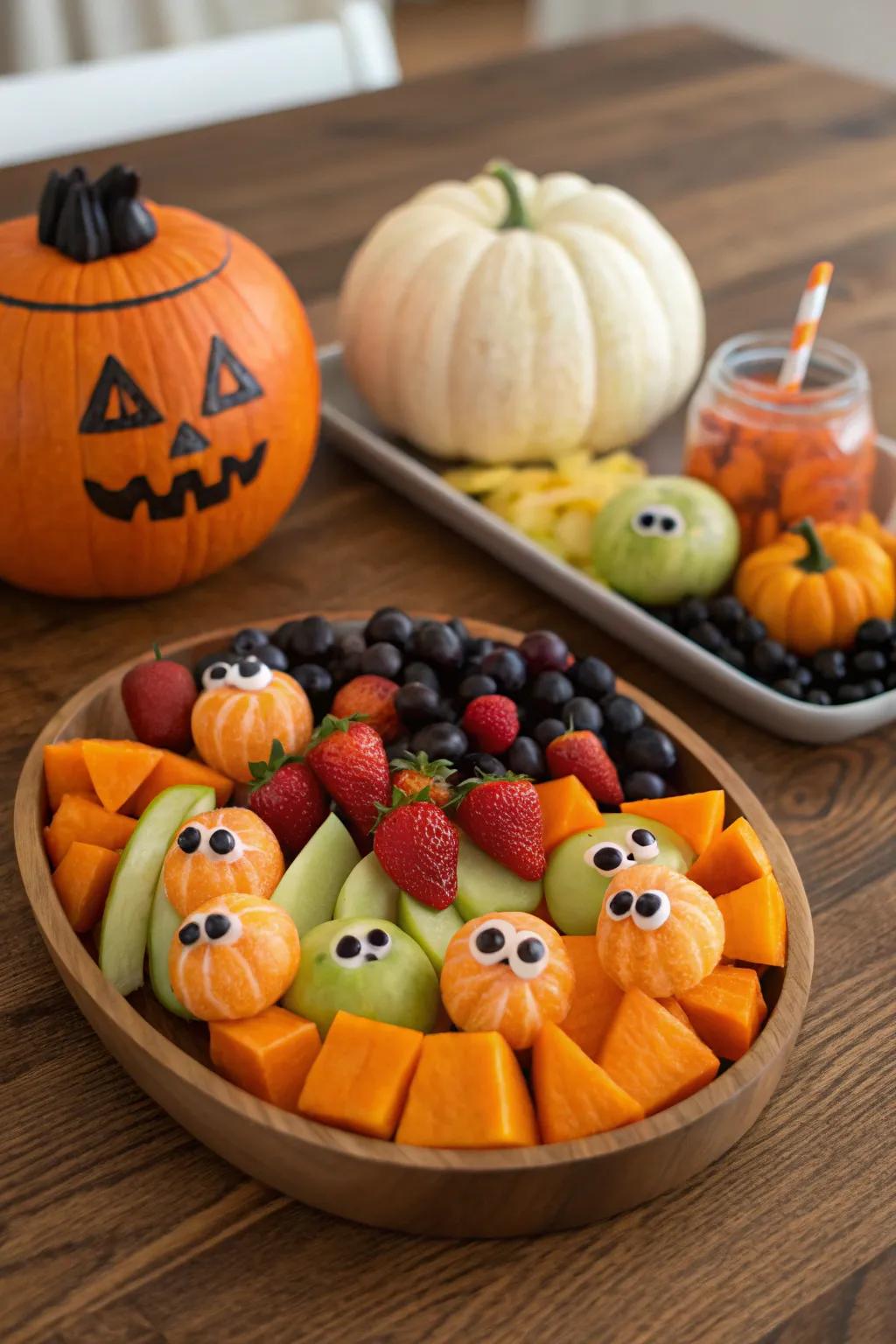 A captivating All Hallows' Eve fruit platter, as spooky as it is delectable.