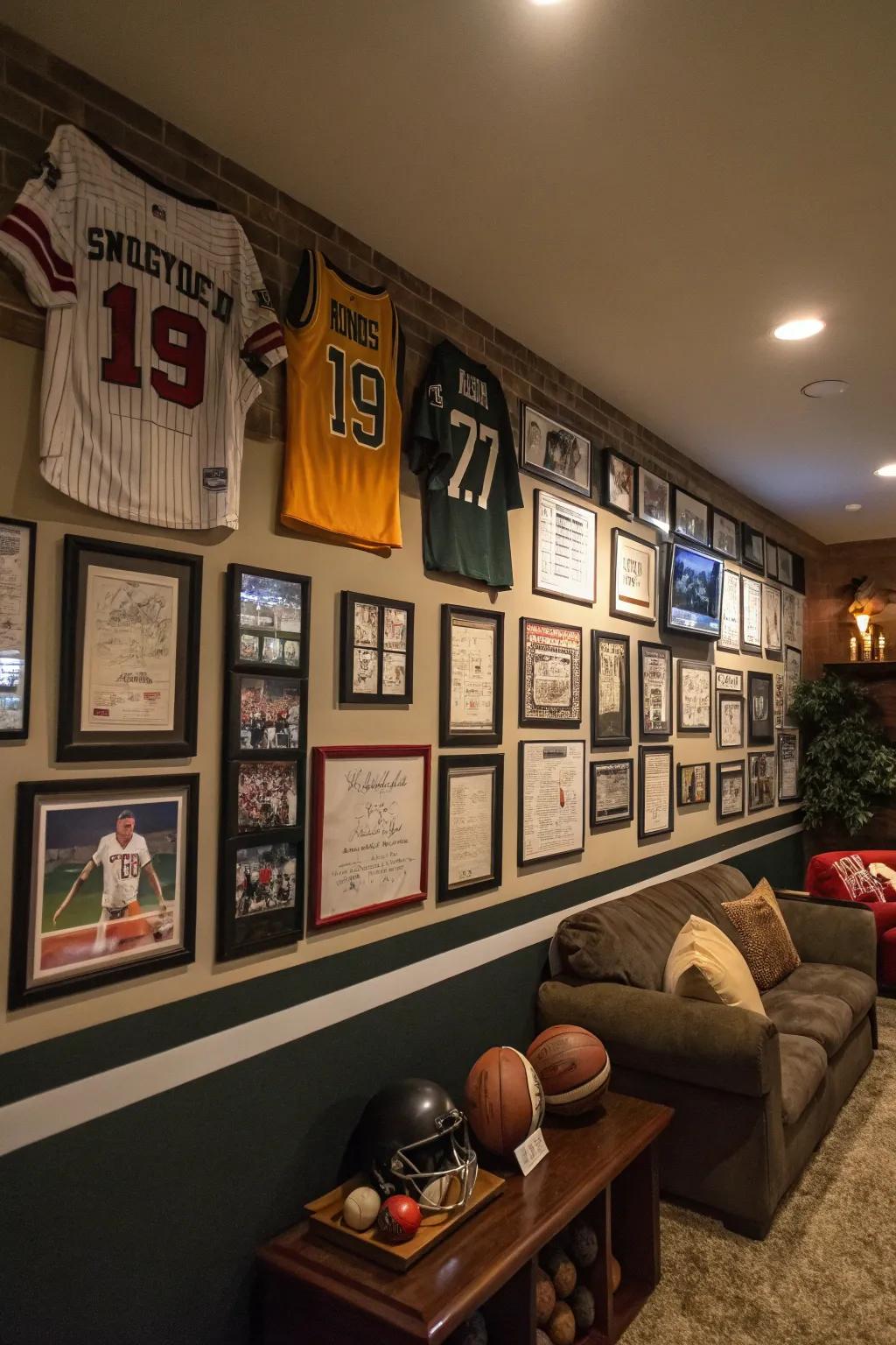 A collection of sports treasures displayed in a sanctuary.