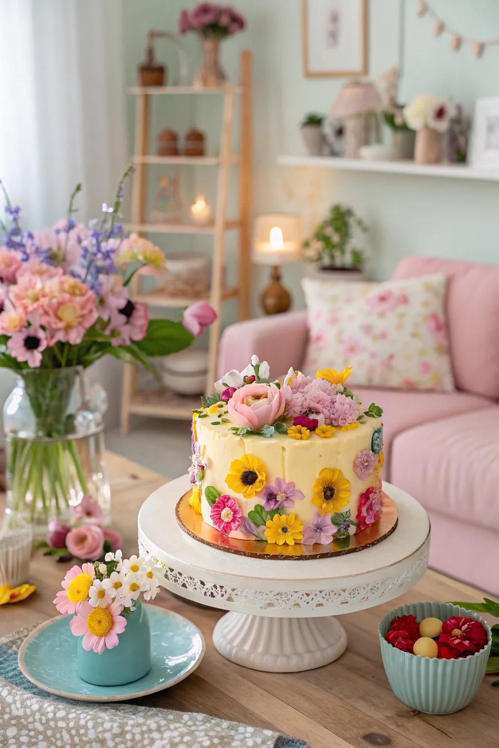 A floral-themed birthday cake echoing spring's splendor.