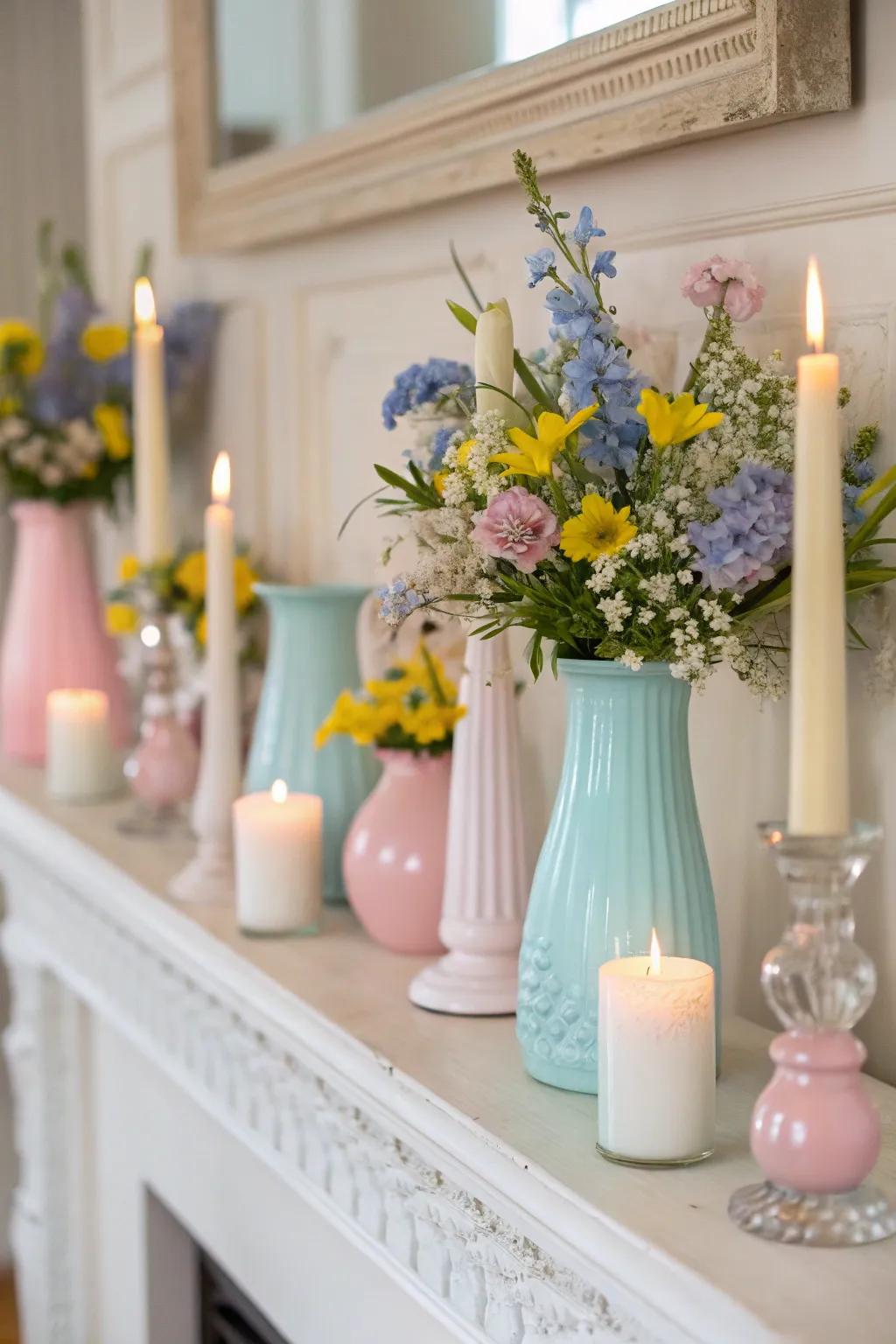 A pastel-inspired mantel radiates the serenity of spring.