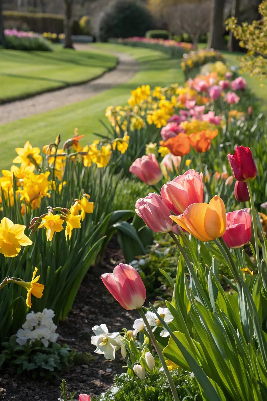 A bright flower patch with tulips and daffodils adds a joyful element to any garden.