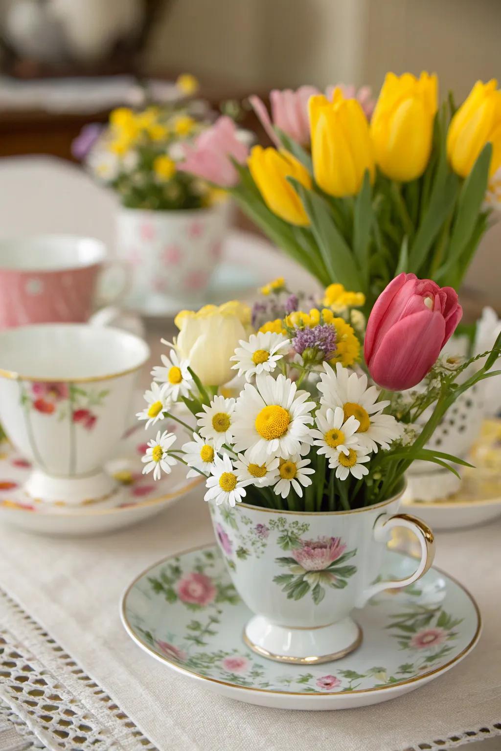Bloomed teacup showpieces give a dreamy feel to your tea party.