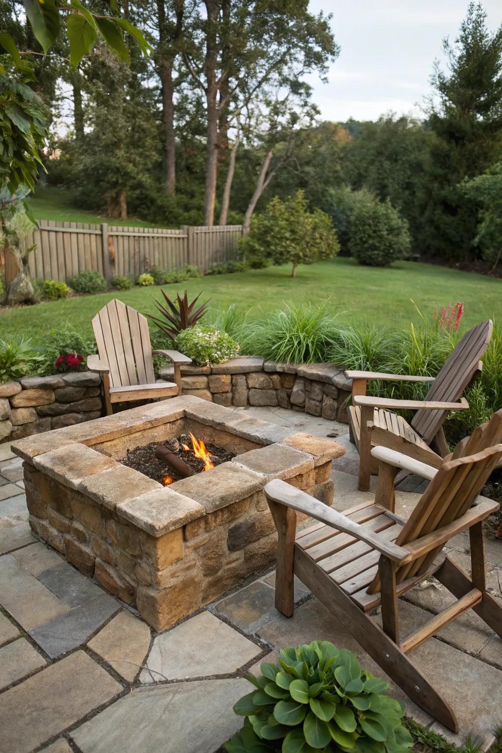 A rustic stone square fire pit infuses character into any backyard setting.