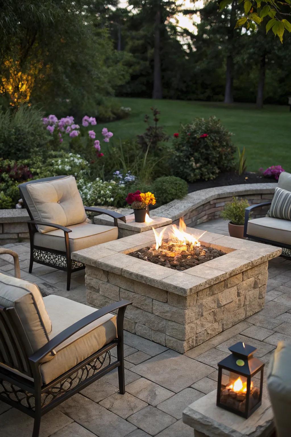 A central stone hearth provides a welcoming and cozy patio centerpiece.