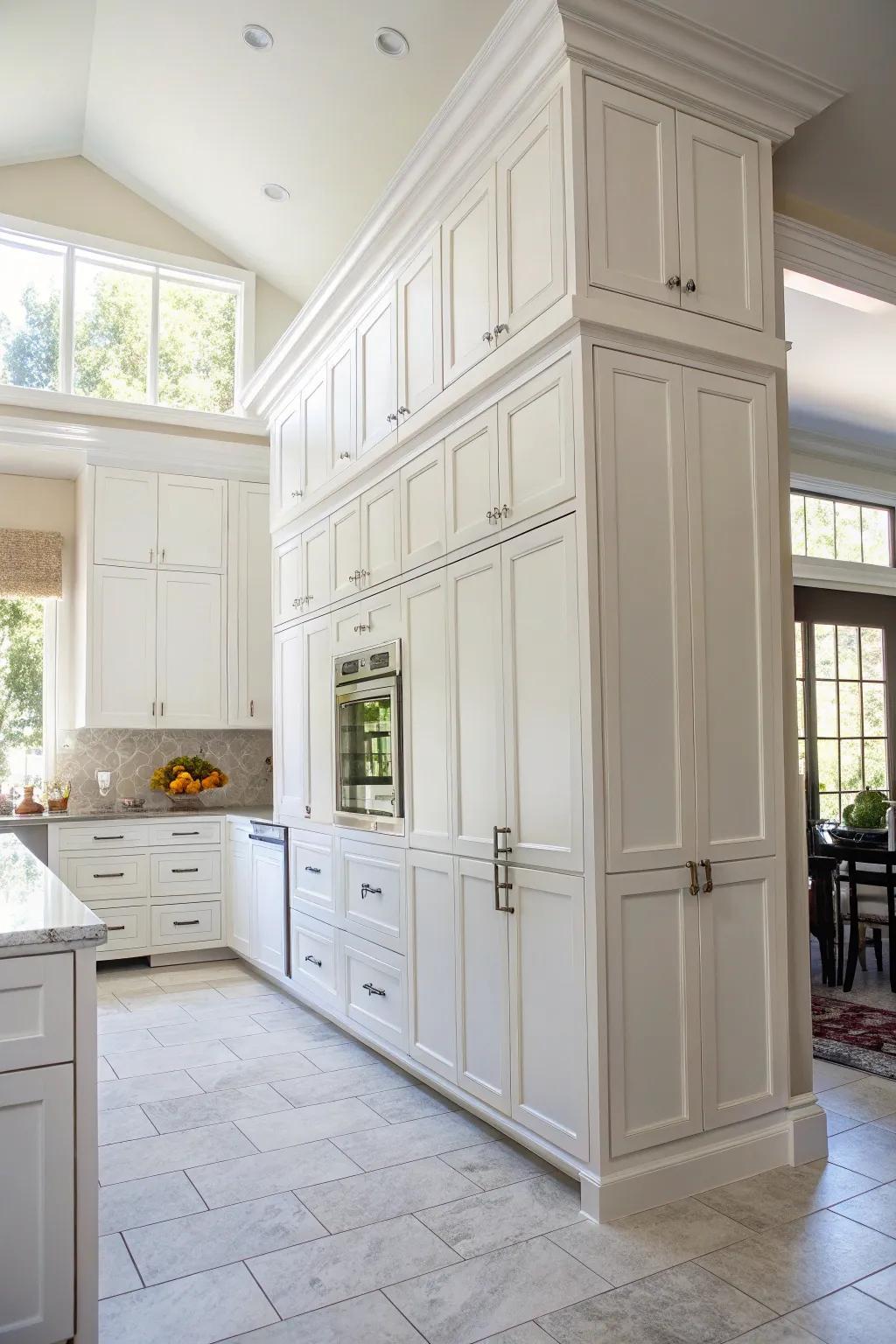 Stacked cabinets stretch with grace towards the 10-foot ceiling, delivering plentiful storage capacity.