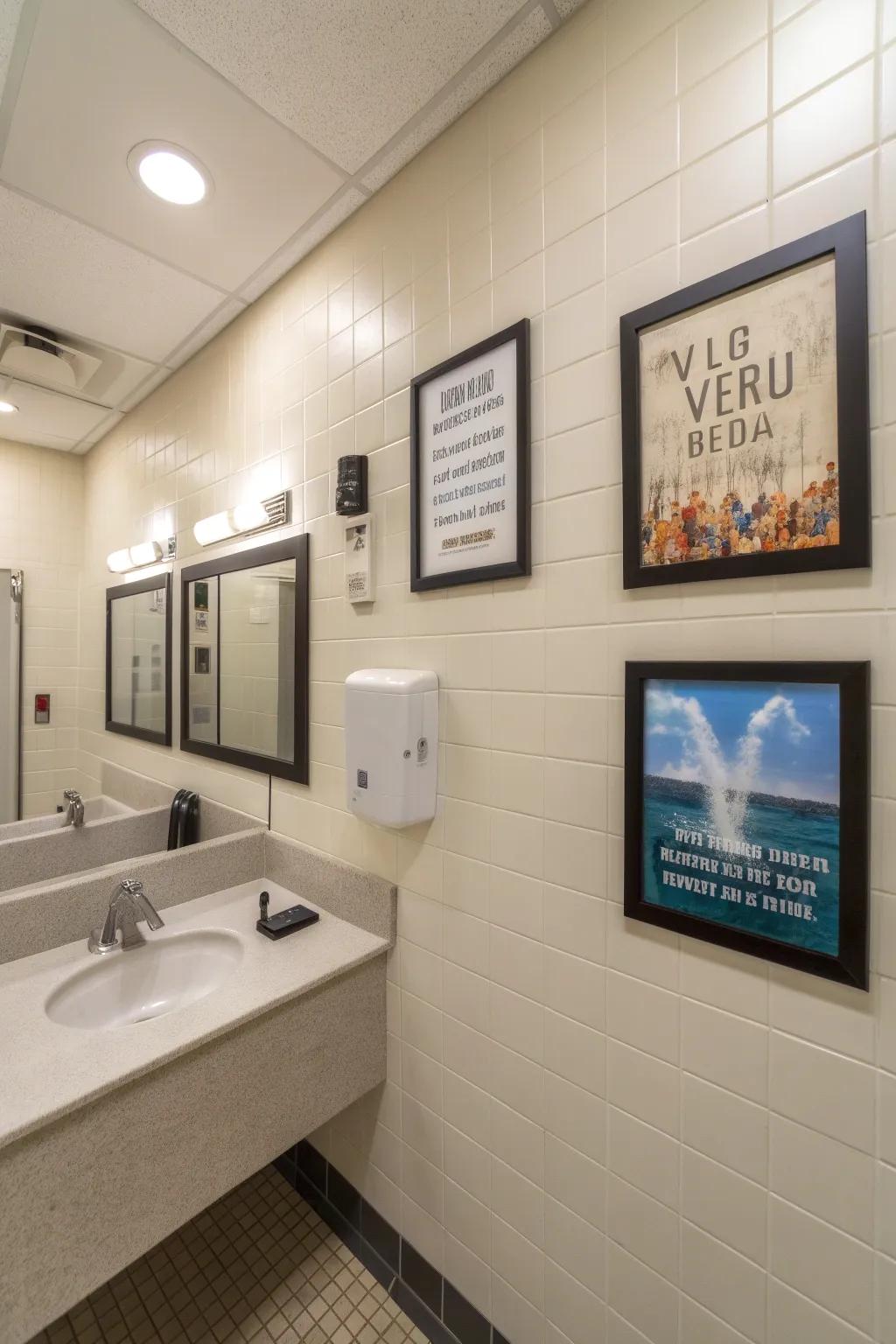 Uplifting quotes displayed on a staff bathroom wall introduce a sense of optimism.