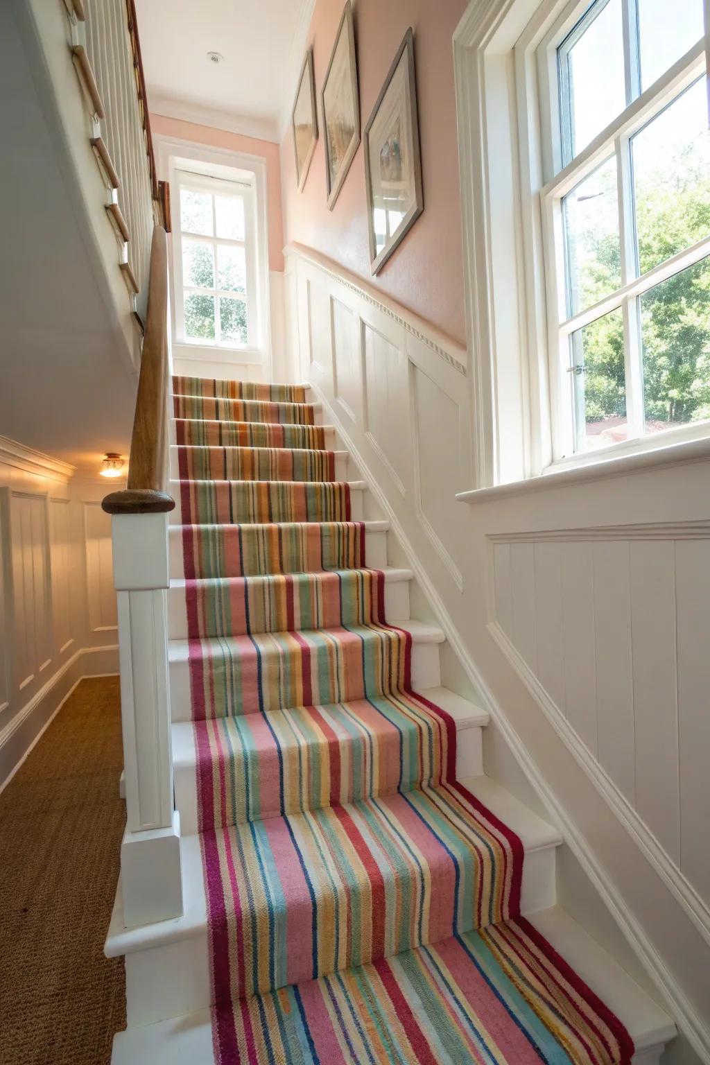 A classic striped stair runner brings enduring sophistication to any staircase.