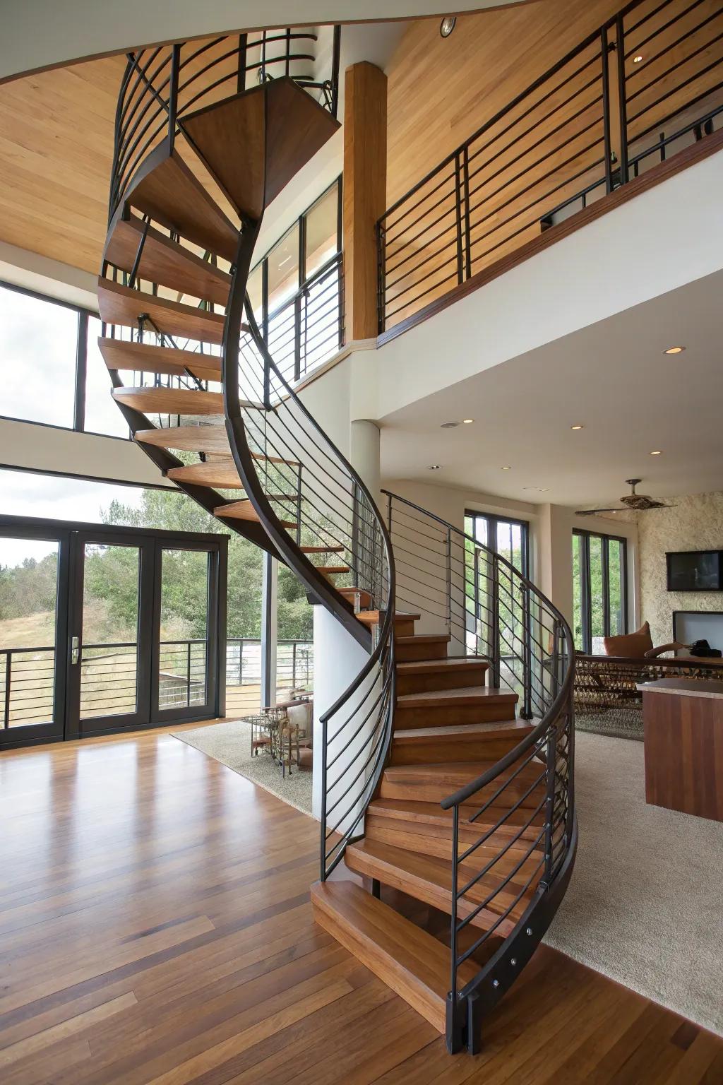A striking twisting staircase that functions as a stunning architectural element.
