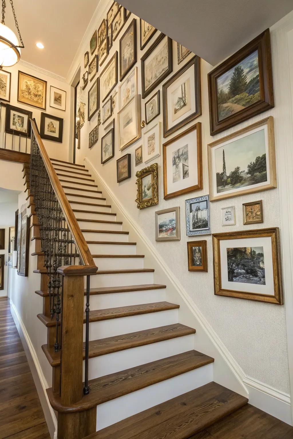 A mixture of frames makes for a charming gallery wall on the staircase.