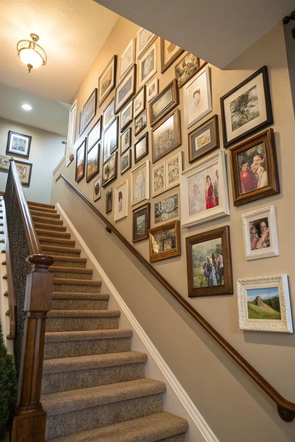 A beautifully arranged personal gallery wall graces the stairway.