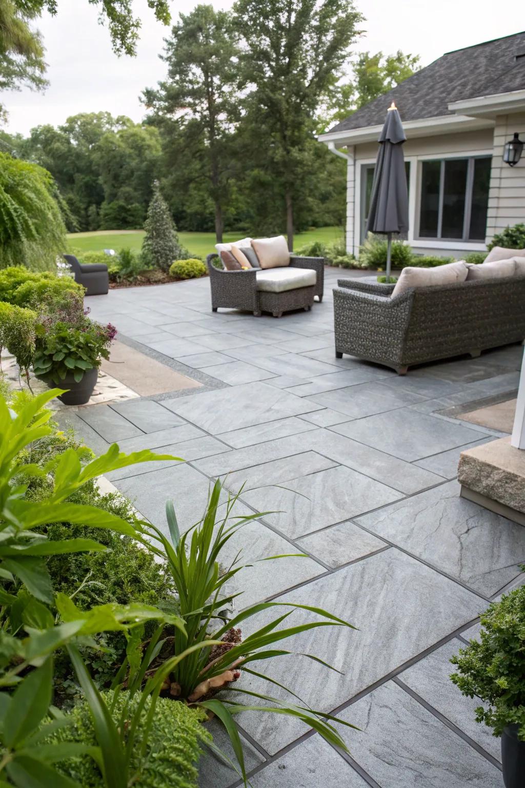 A stylish gray patterned concrete patio displaying modern refinement.