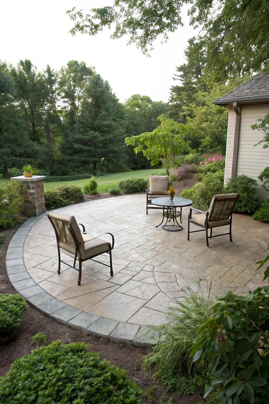 A circular stamped concrete patio creating a welcoming getaway.