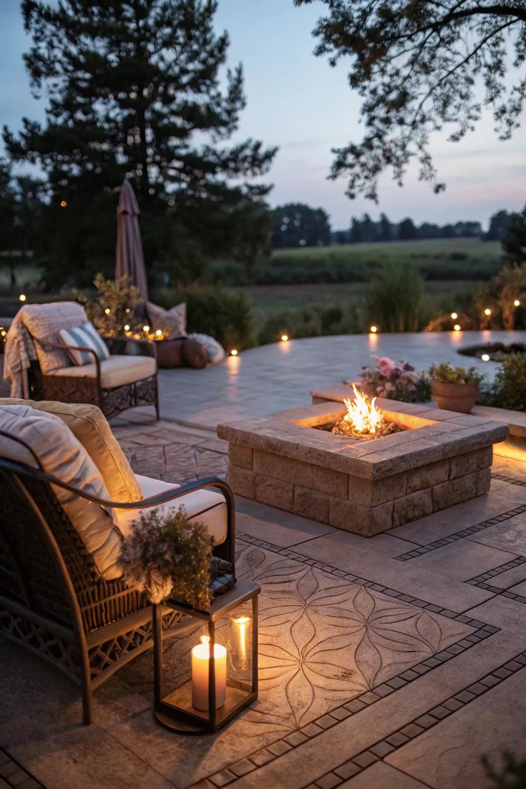 A comfortable stamped concrete patio featuring a radiating hearth at its core.