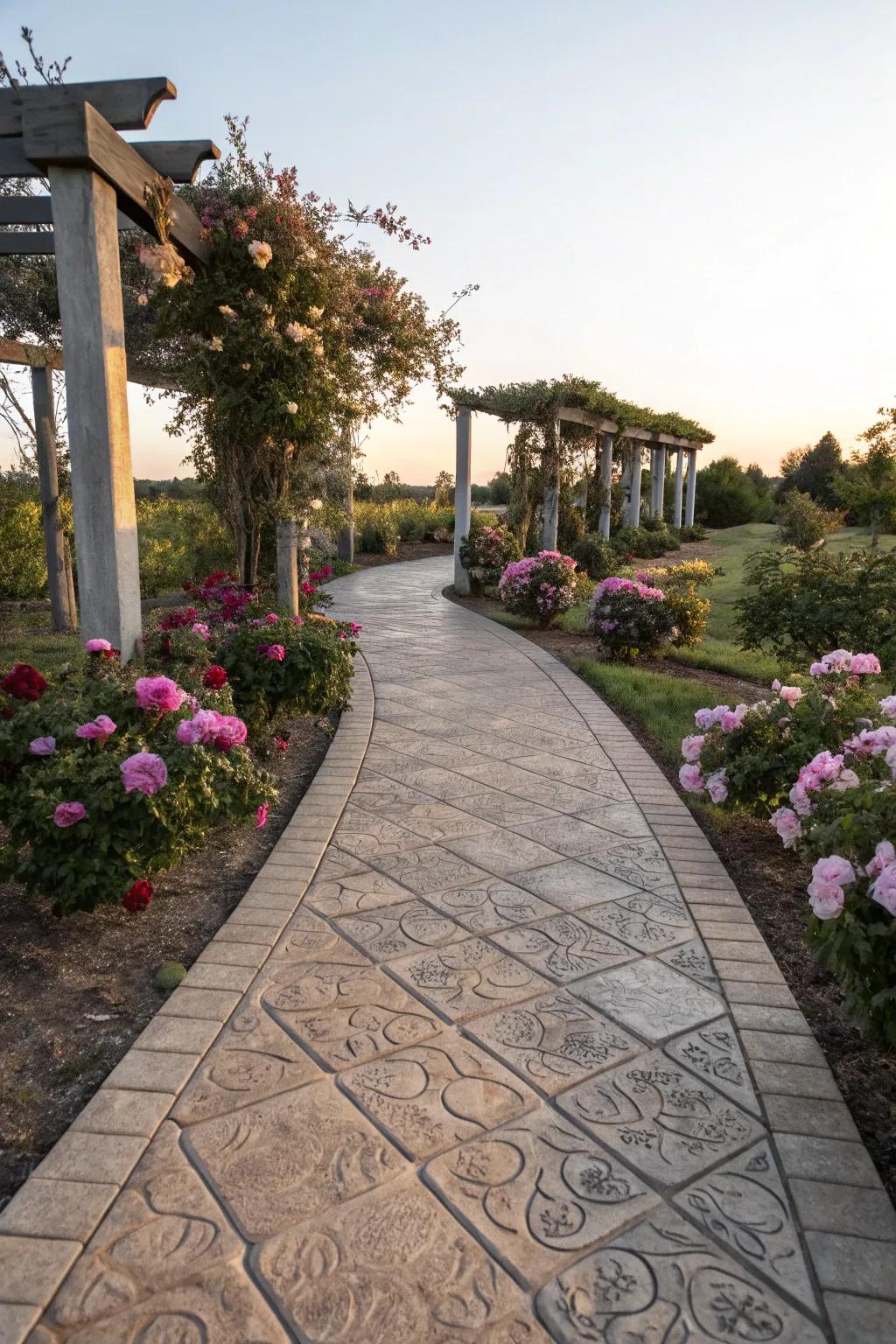 Embrace the timeless elegance of stone with a stamped concrete walkway.