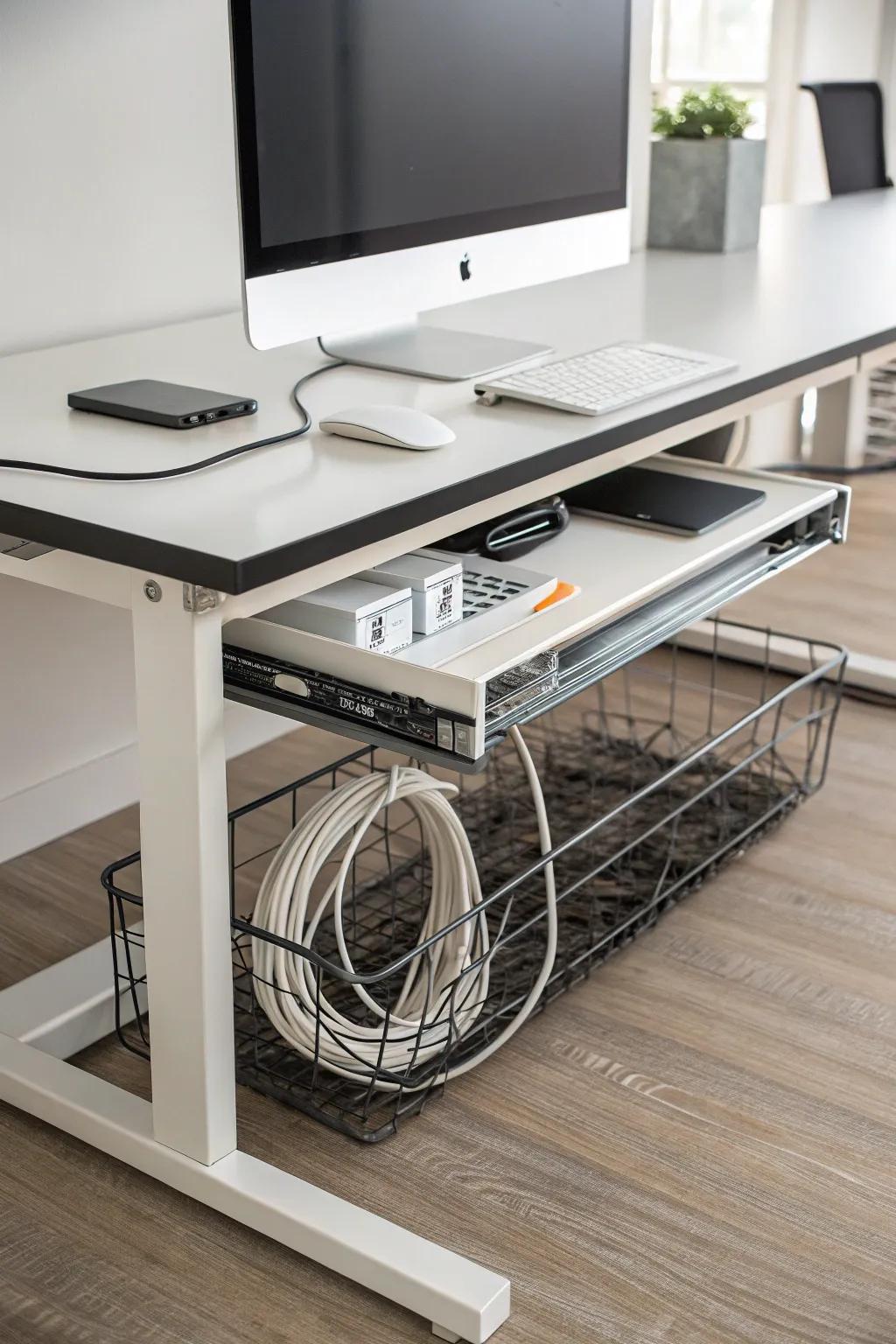 Cable organizers hide cables under the desk, keeping everything neat.