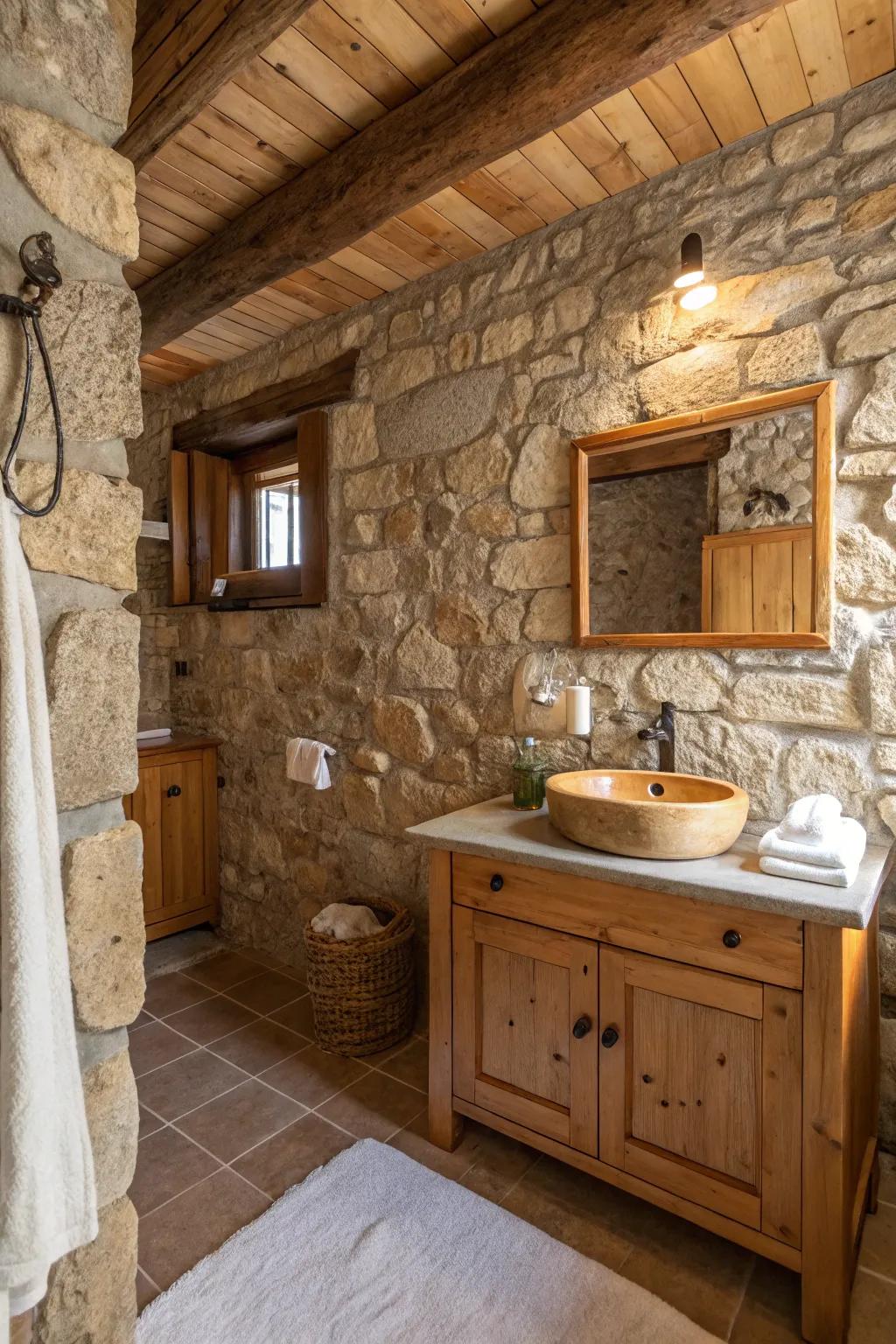 A country-inspired bathroom showcasing stone walls enhanced with cozy wooden features.