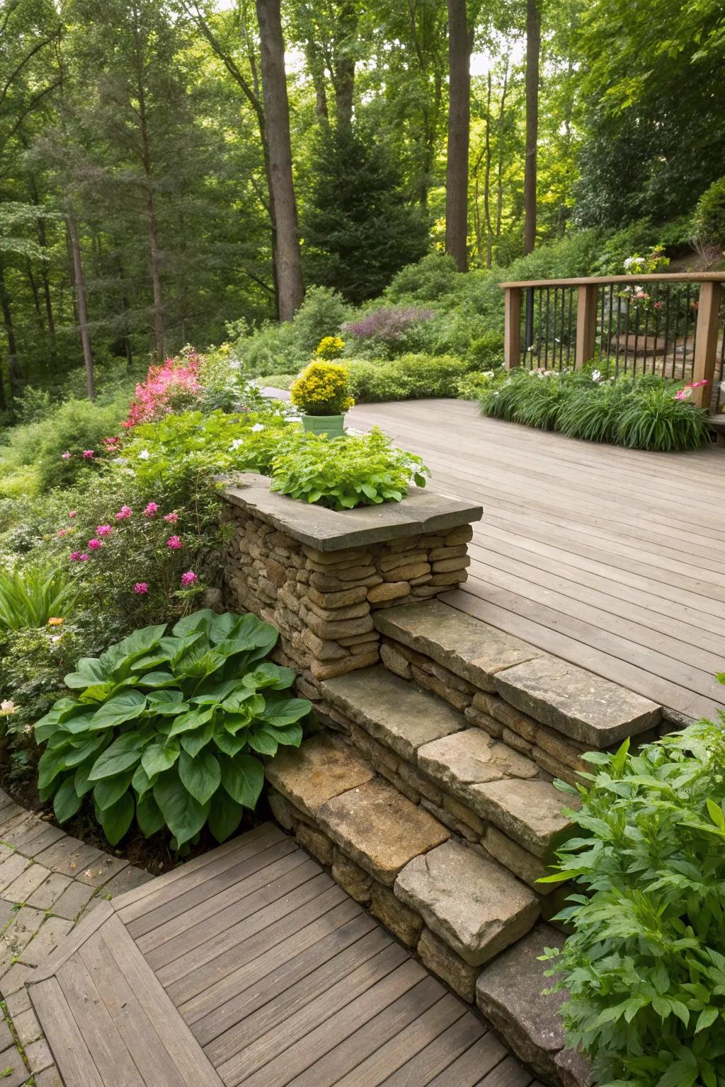 A deck made better with classic stacked rock trim, harmonizing effortlessly with the lush greenery nearby.