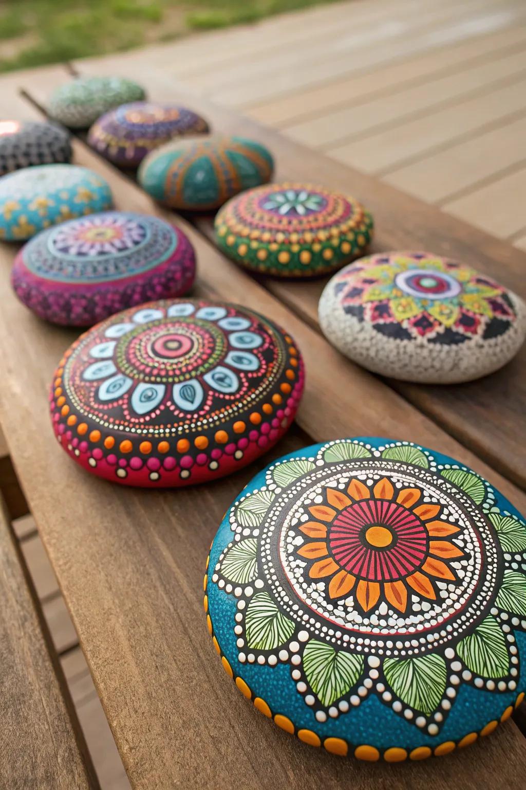 Bright mandala-painted stones adding a splash of vibrancy.