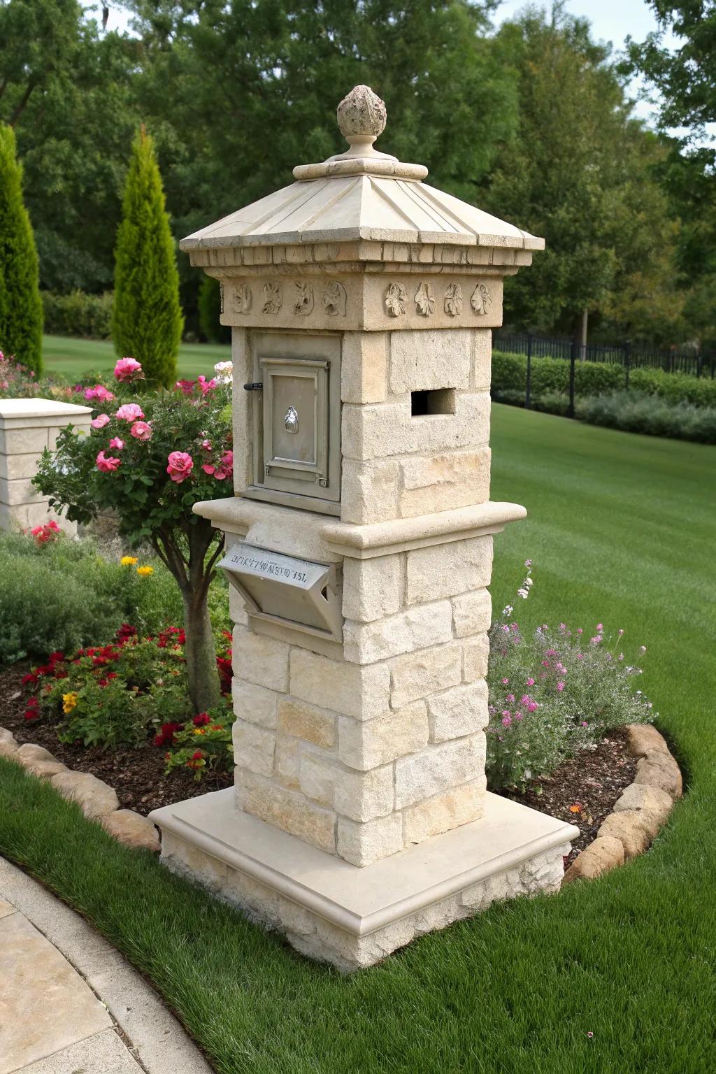 Limestone mailboxes provide classic beauty with a touch of rusticity.