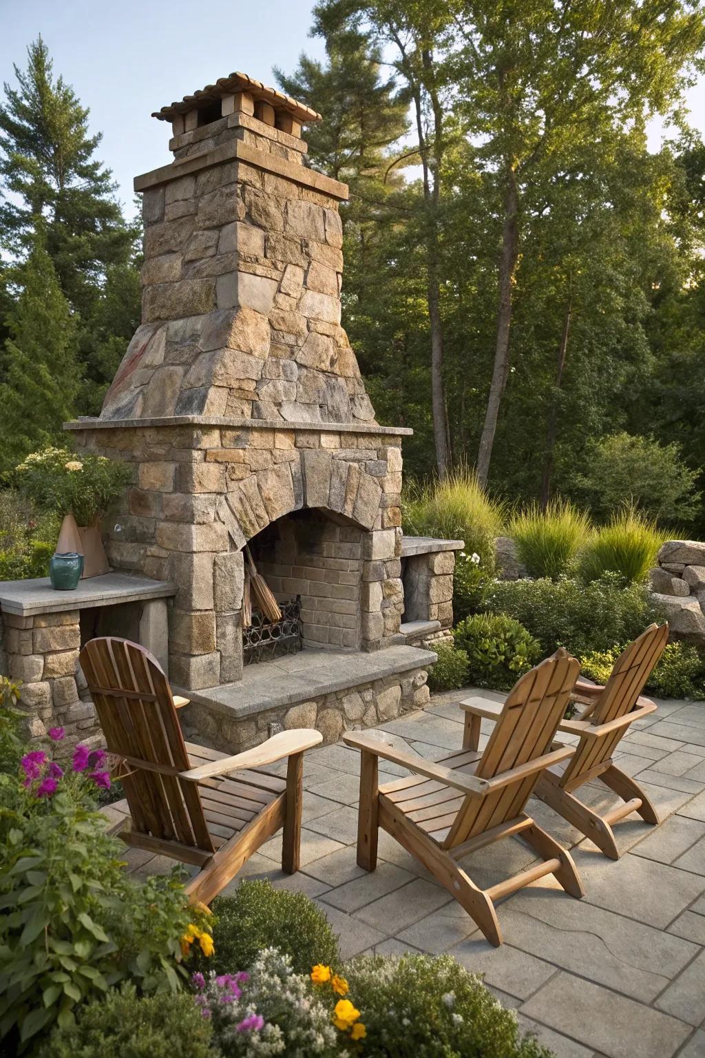 A rustic fieldstone fireplace that blends seamlessly with nature.