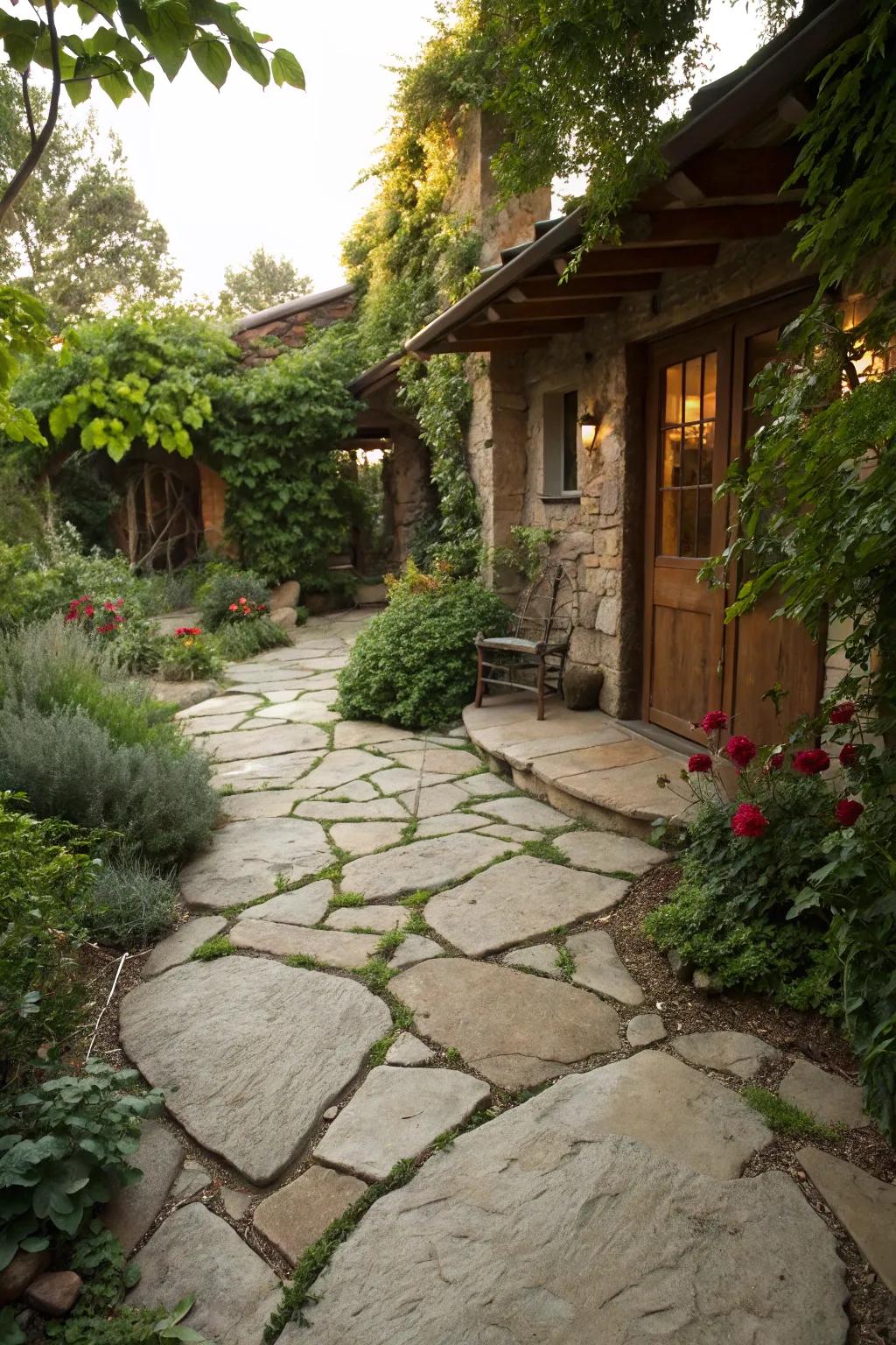An earthy slatestone patio effortlessly connecting to the garden.