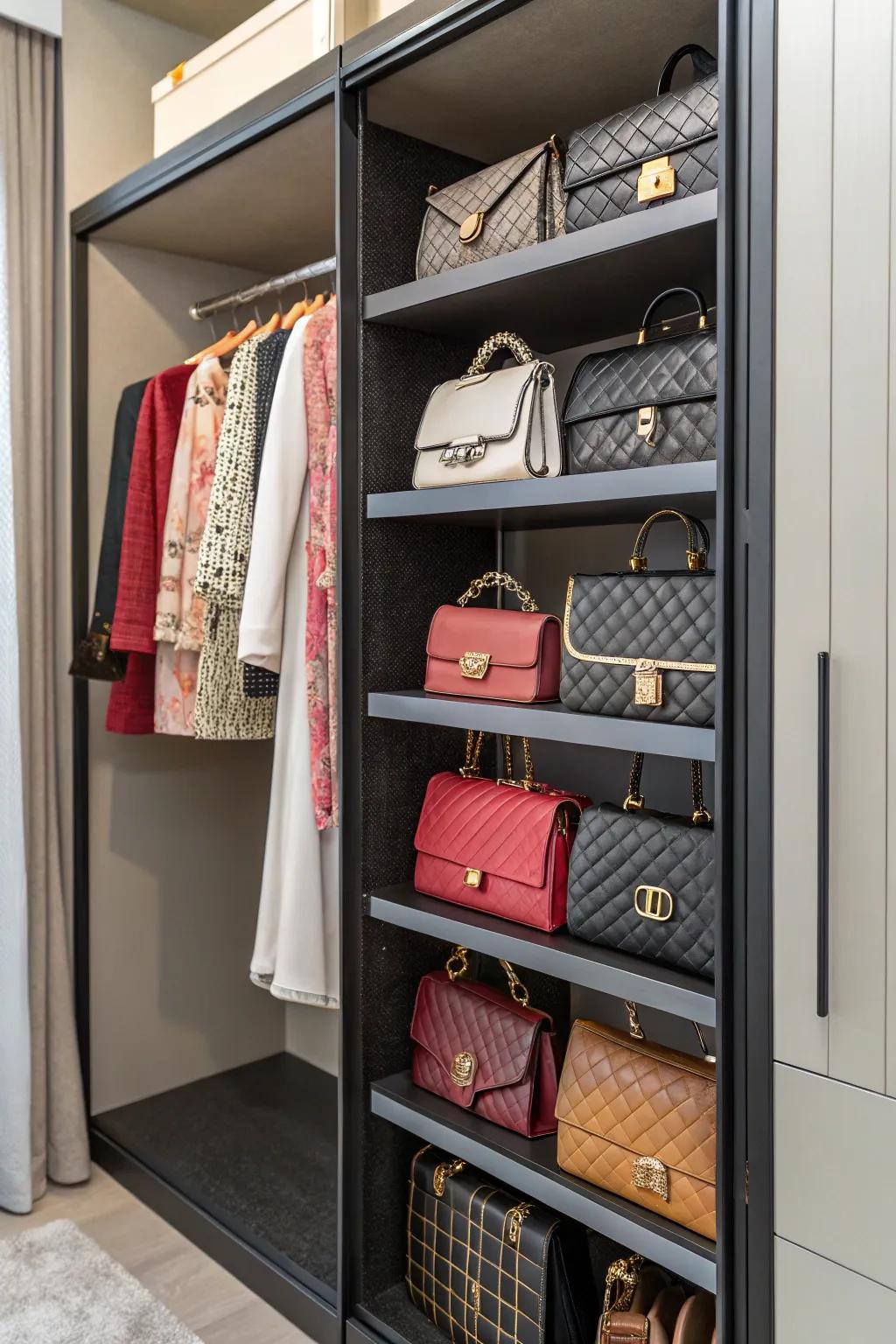 Adjustable shelving units showcasing a variety of handbags.