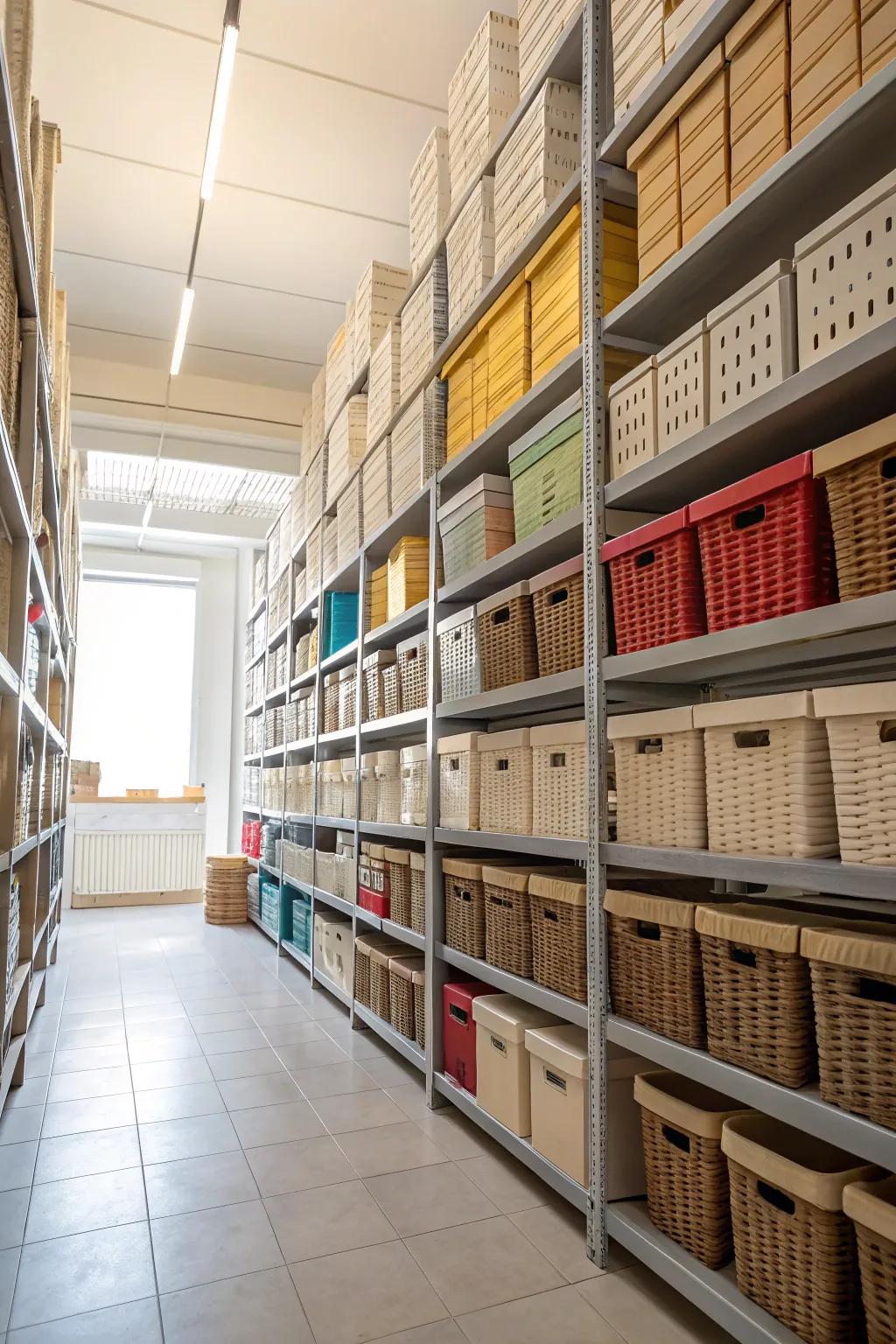 Vertical shelving units maximize space and improve organization.