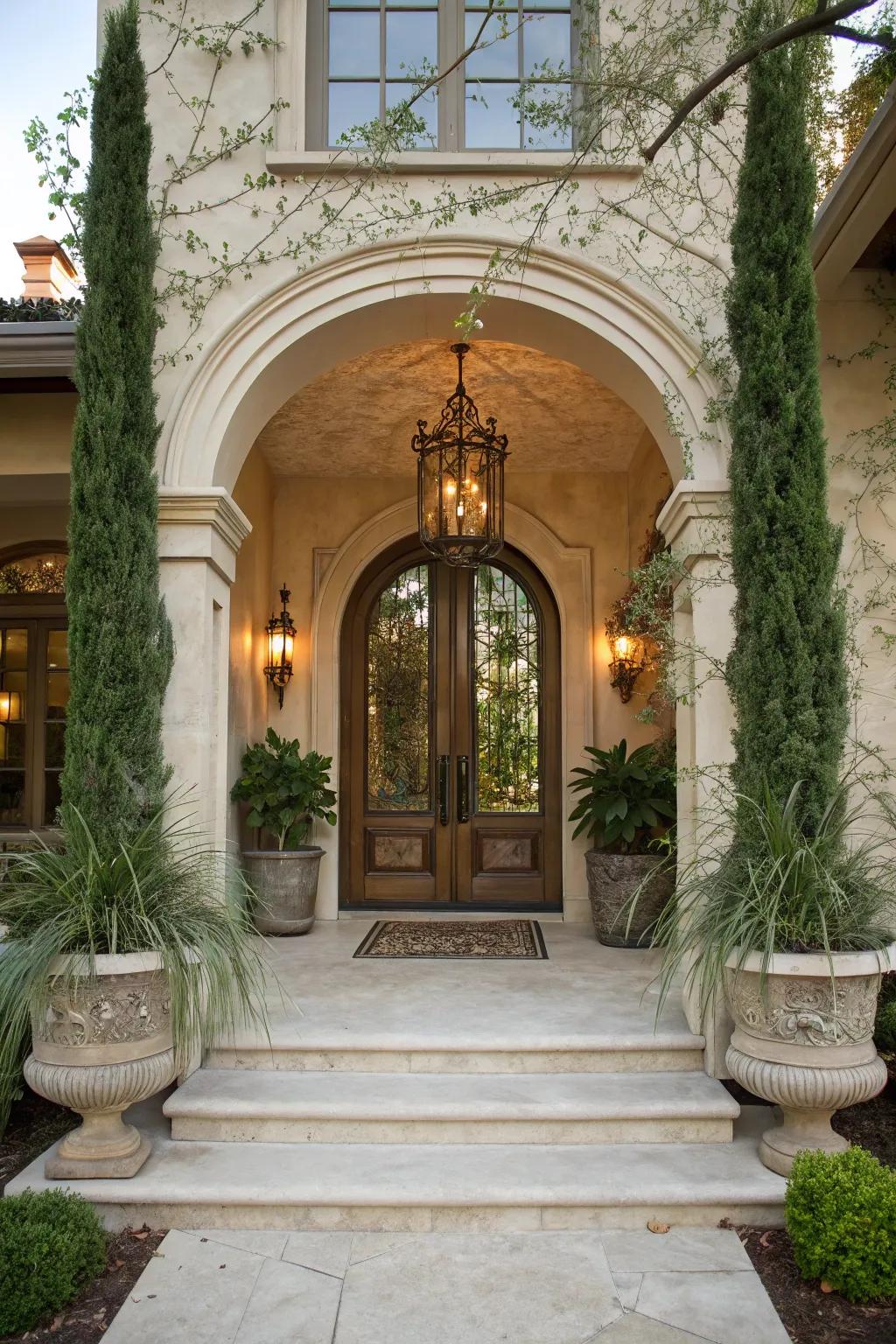 A stunning entrance boasting an arched doorway, elevating the porch's sophistication.
