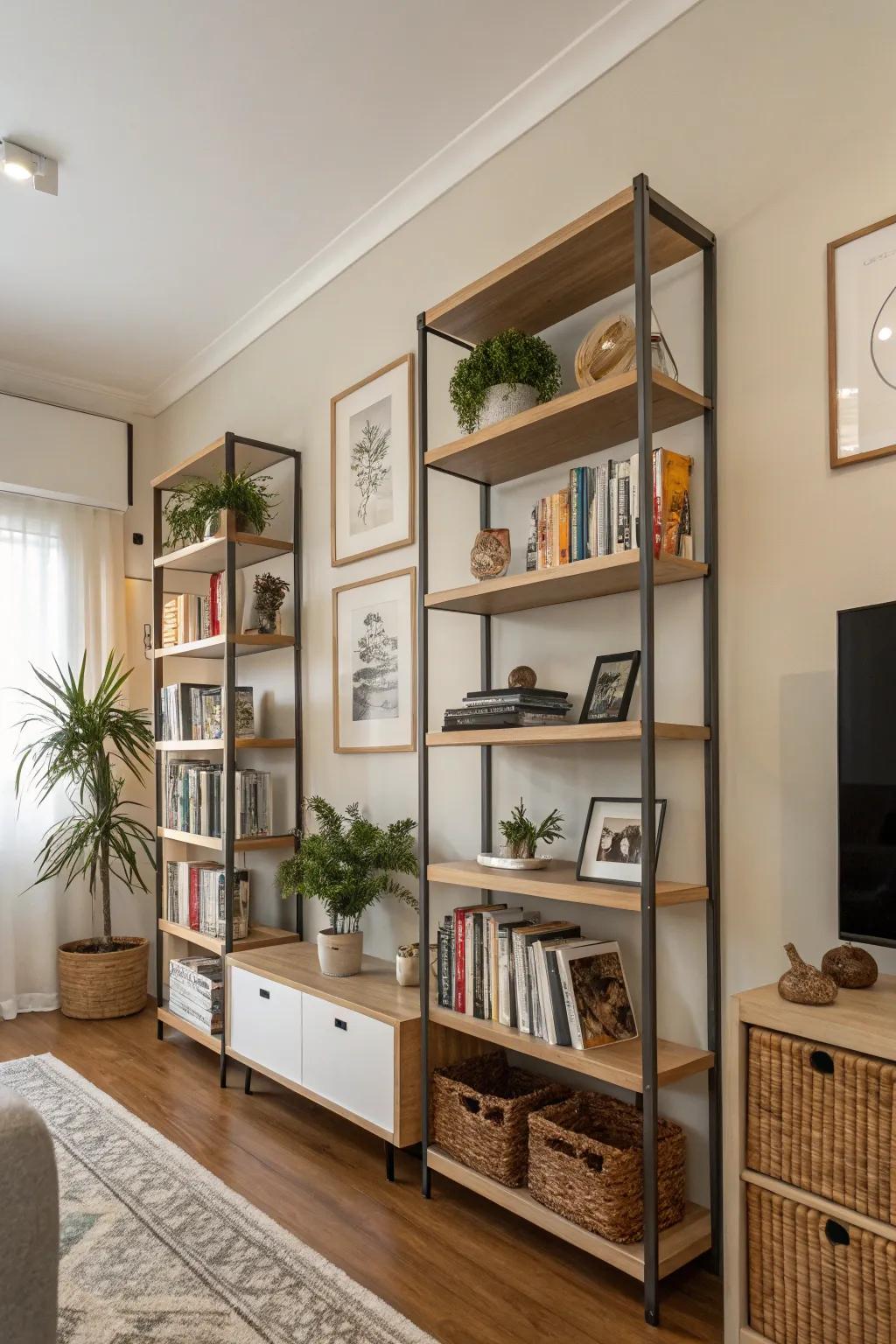 Towering shelves leverage vertical space, blending storage and elegance.