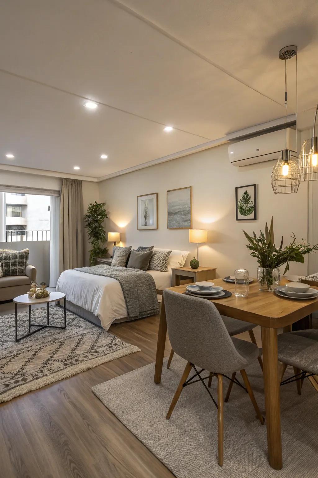 An open design ethos cultivates a feeling of spaciousness within a studio setting.