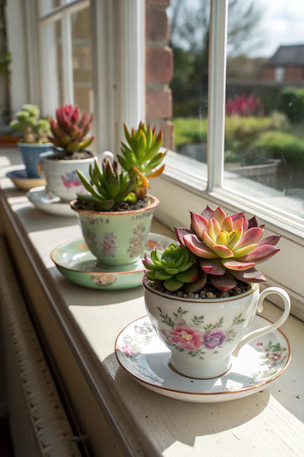 Lovely succulents in vintage teacups brighten up the windowsill.
