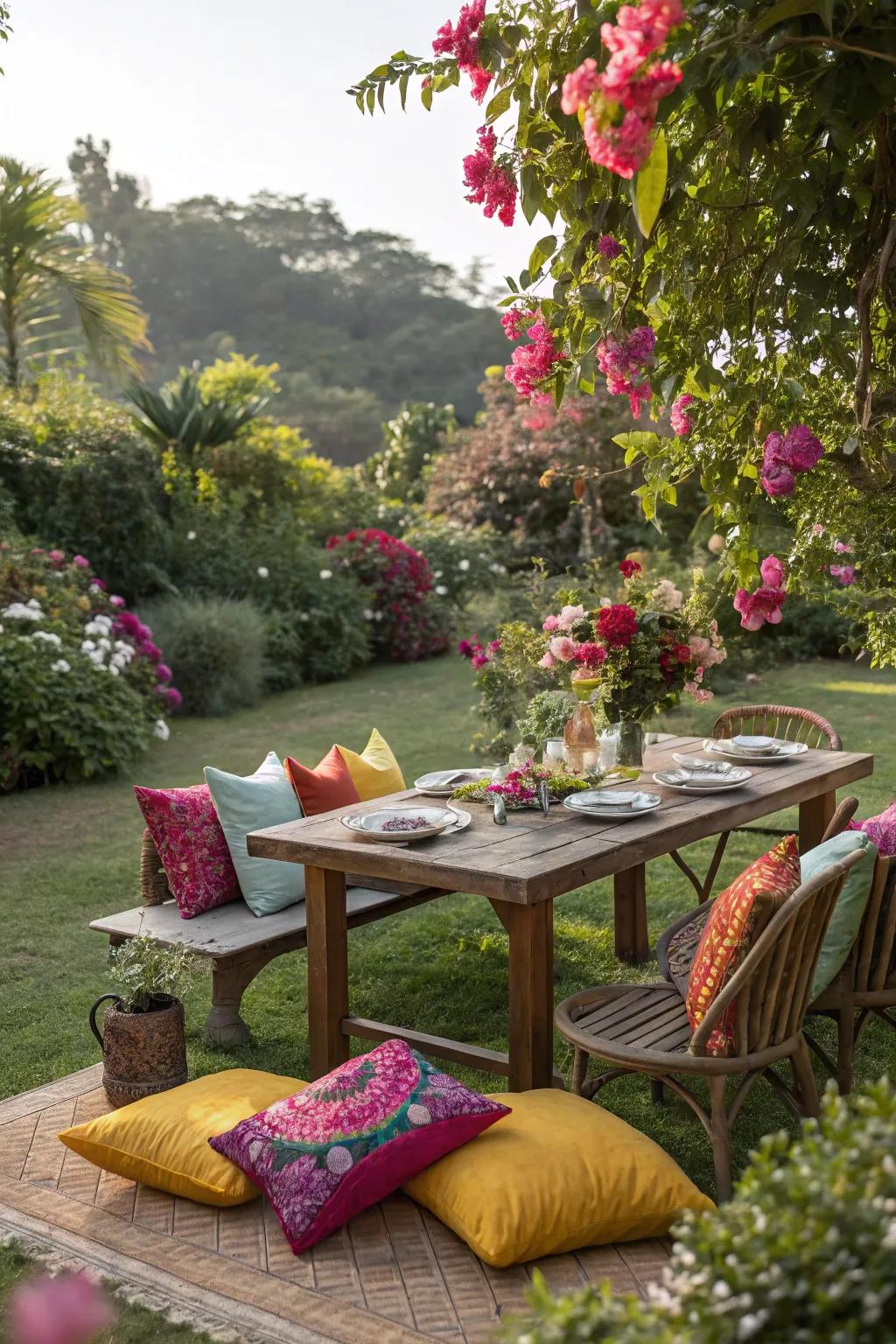 Savor meals encircled by blooms, courtesy of a stunning garden dining arrangement.