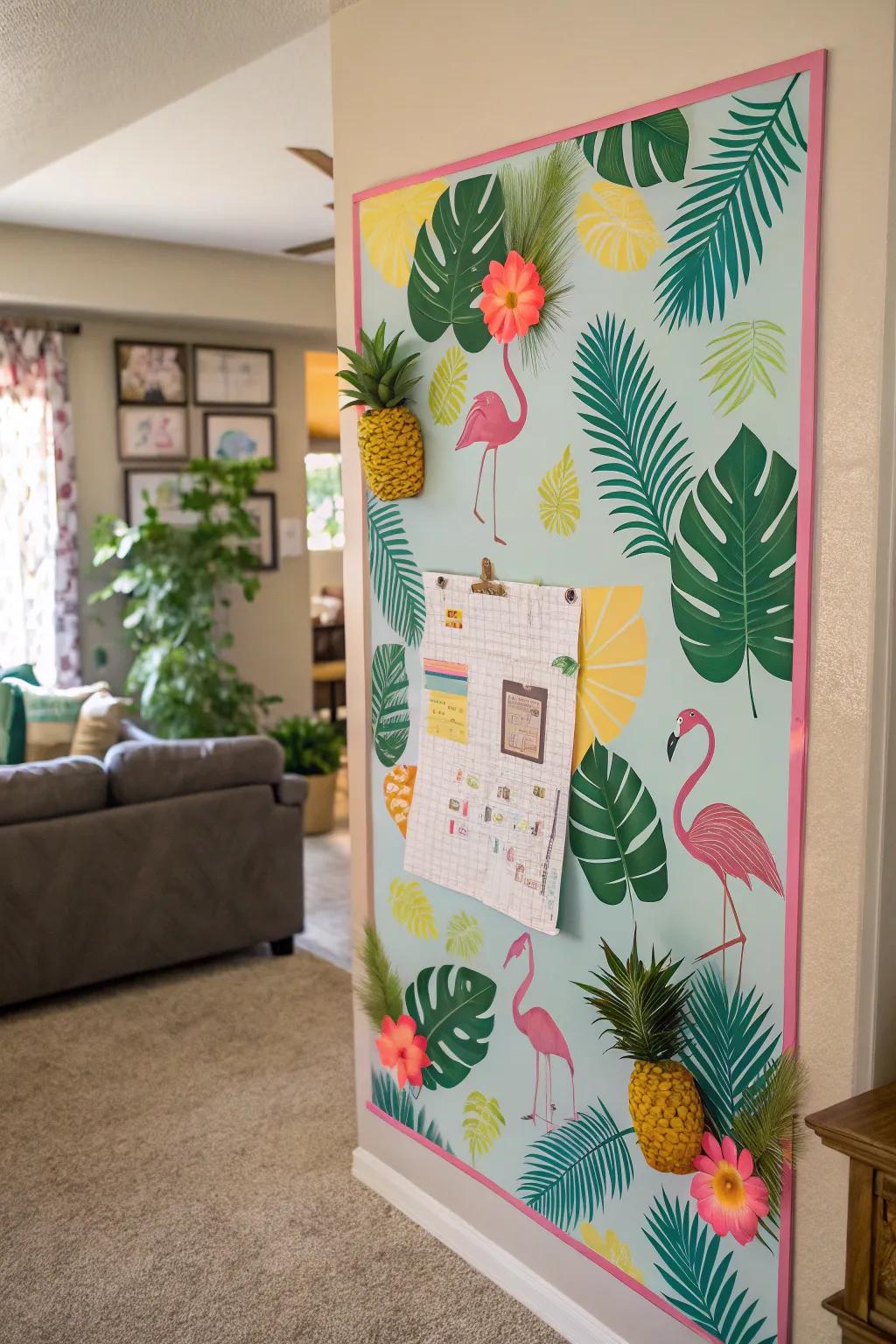 A bulletin board converted into a tropical retreat using elements like palm leaves and flamingos.