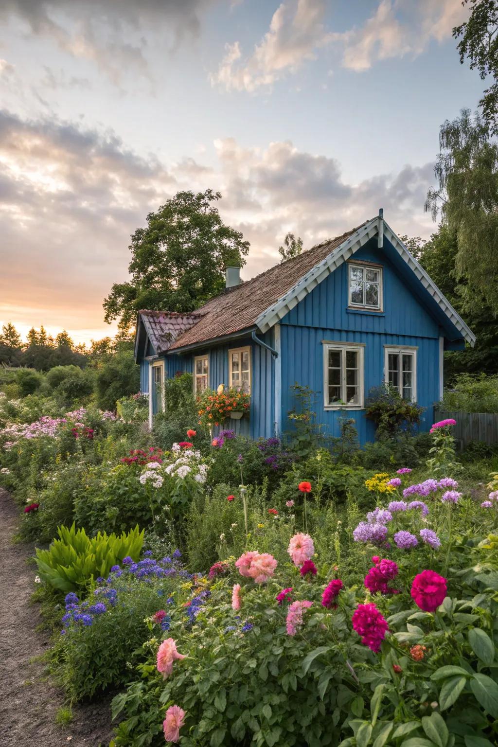 A summer house cloaked in vivid blue makes a striking impression within a lively garden.