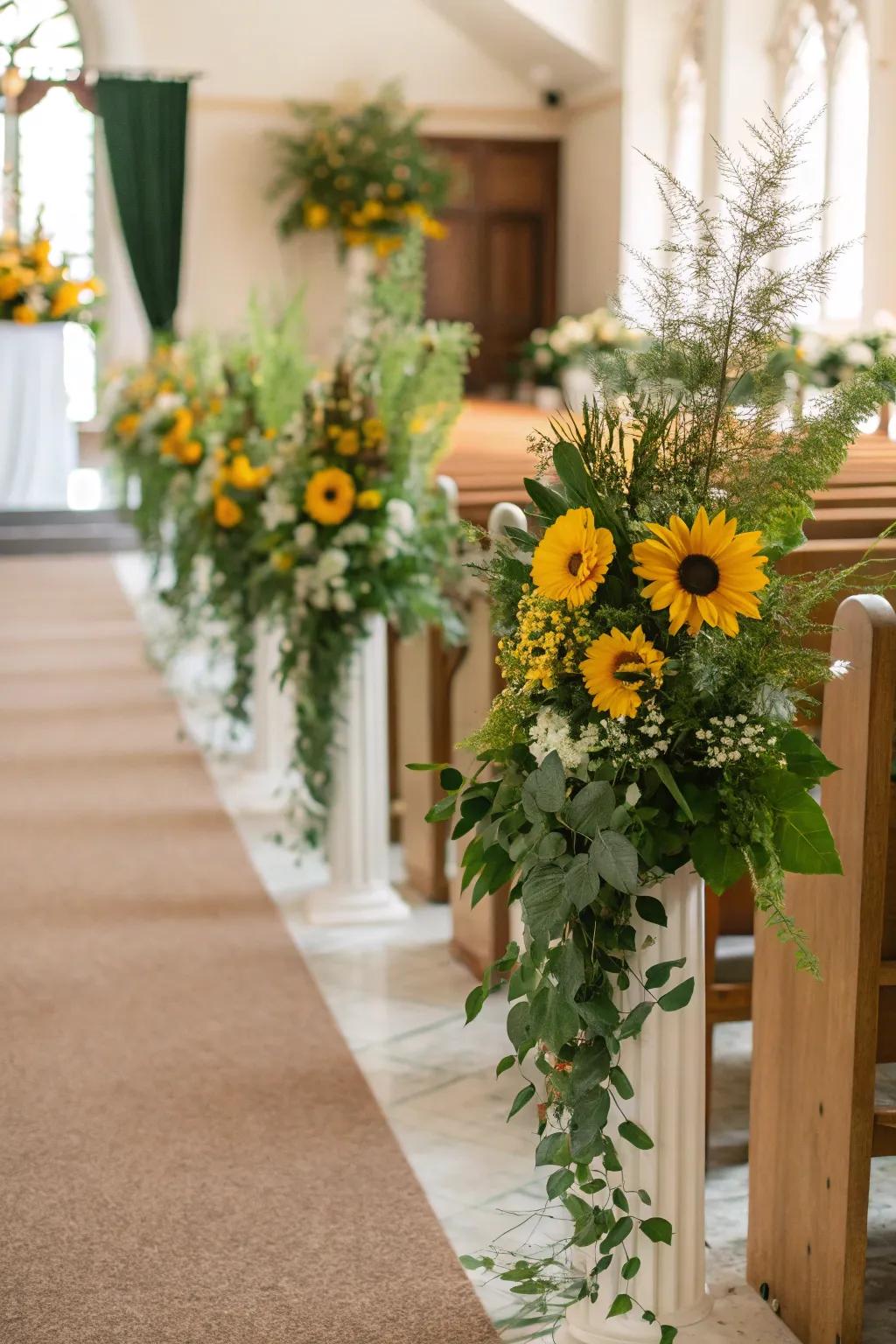 A wedding aisle beautifully adorned with sunflowers and greenery.