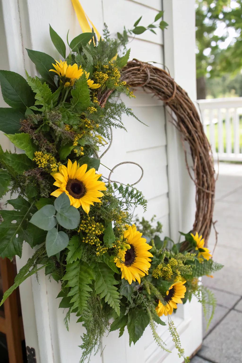 A classic grapevine sunflower wreath, ideal for any time of year.