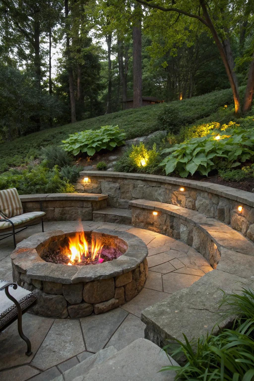 A rustic rock sunken fire pit settled in nature.