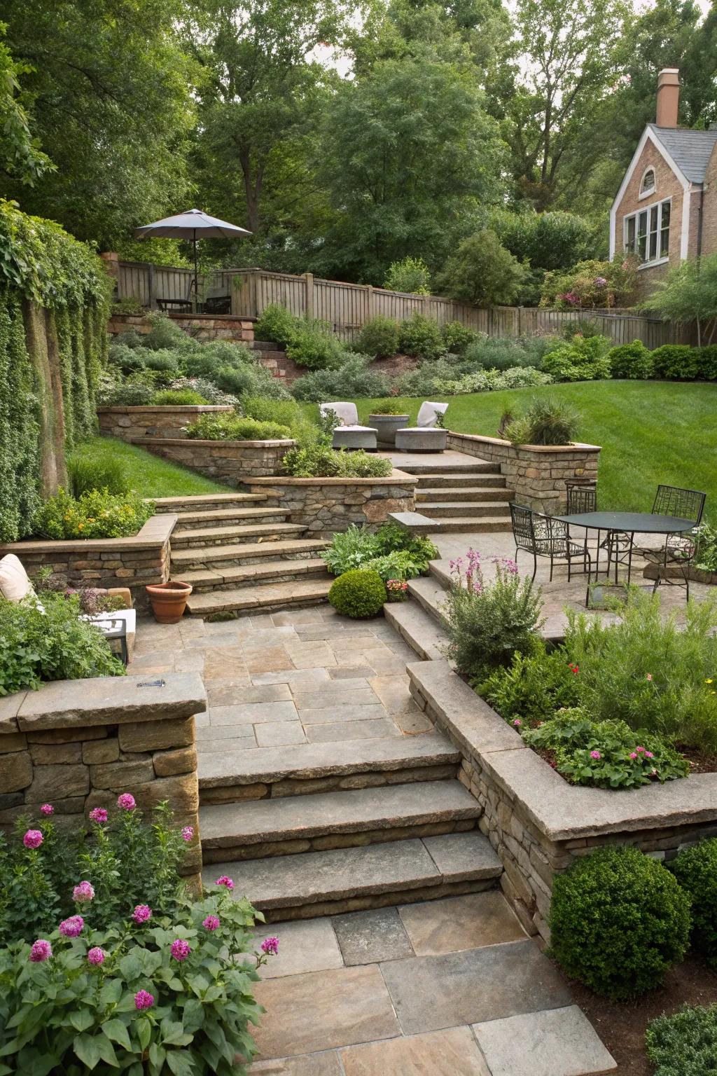 A tiered sunken garden featuring inviting steps and verdant plantings.