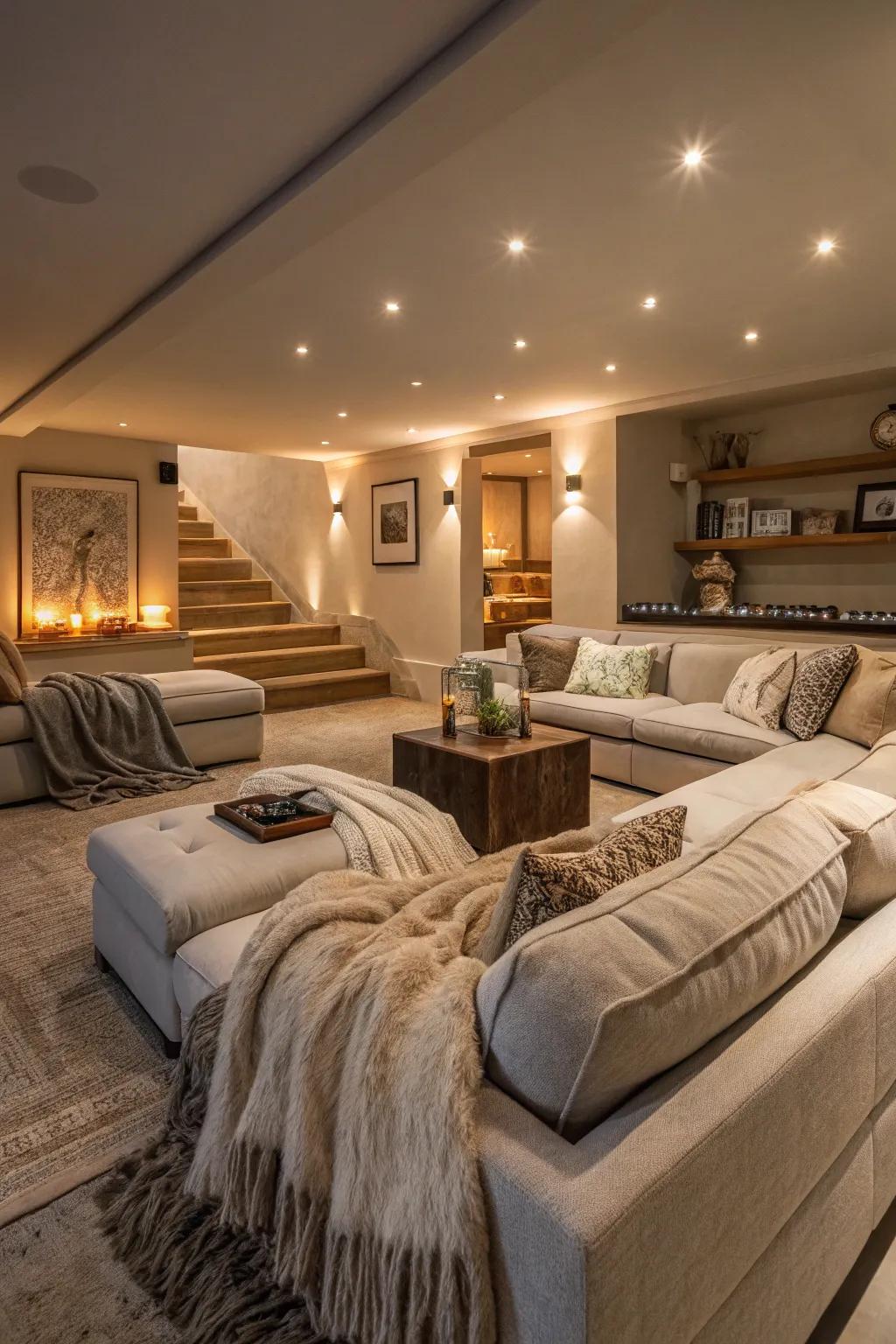 A sunken living room featuring plush sofas and soft throws.